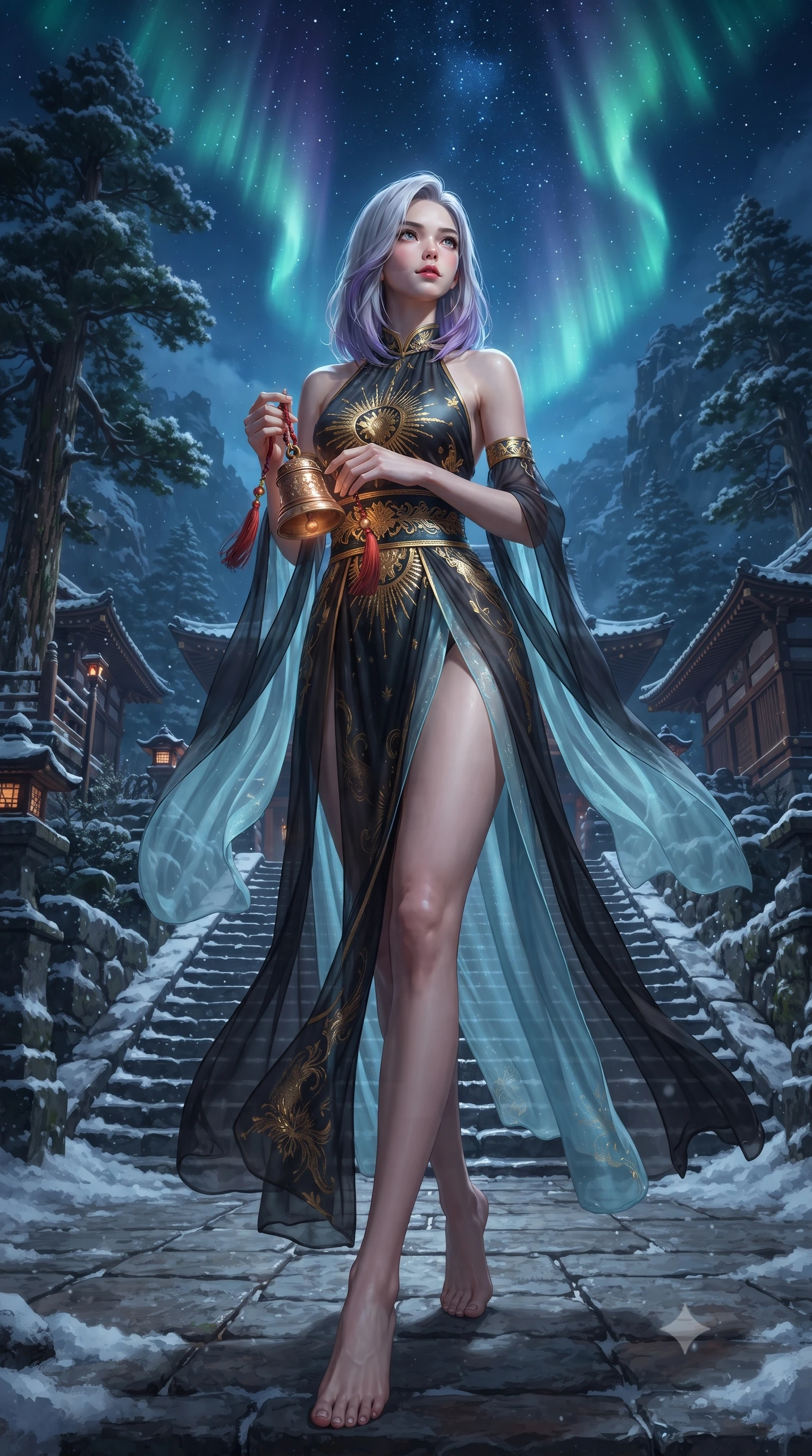 score_9, masterpiece, best quality, ultra-detailed, high-budget anime keyframe, editorial fashion photography, tasteful artistic composition, Caucasian woman. low angle full-body shot from head to toe showing her feet, filling the entire 9:16 vertical frame with her statuesque presence, stretching her vertical silhouette. striding forward in a proud, dynamic supermodel runway stride, her statuesque vertical silhouette commanding the entire frame while holding a glowing bronze ritual bell with red tassels, looking up at the aurora-filled sky with reverent, sparkling eyes. The surrounding environment is rendered in vivid detail and crisp panoramic clarity. mystical nocturnal chiaroscuro and sacred high-altitude mountain shrine grandeur captured with sharpness. She has an absolutely perfect, statuesque 8.5-heads proportion, an exceptionally tall and slender model-like female figure with impossibly long slender legs, a toned flat midriff, and an ultra-slim waist. sharp v-shaped jawline, high-bridge nose, intricate jewel-like eyes with depth, thick eyelashes, glossy lips with a natural sheen, captivating and magnetic expression, flawlessly proportioned anatomical accuracy, strict slender model proportions, natural body alignment, perfectly sculpted long slender limbs, ultra-slim waistline, clean dynamic posture without body distortion. wearing a celestial priestess halter gown with golden sunburst embroidery and sheer leg veils in dark ink-wash black and radiant moonlight cyan, woven from lightweight fluid silk brocade with woven gold thread, finished with a wide embroidered waist band emphasizing her slender midriff, the glove-like aerodynamic second-skin fit tightly clinging to her ultra-slender waist and athletic curves without adding bulk, accentuating her razor-sharp statuesque lines and slim hourglass silhouette. surrounded by a divine, mystical, and spiritually transcendent shrine maiden sovereign aura. ultra-reflective glossy finish, specular highlights, rich textural contrasts, high-contrast stereoscopic depth, volumetric dynamic lighting, 2k, ultra detail, master piece, 9:16 ratio