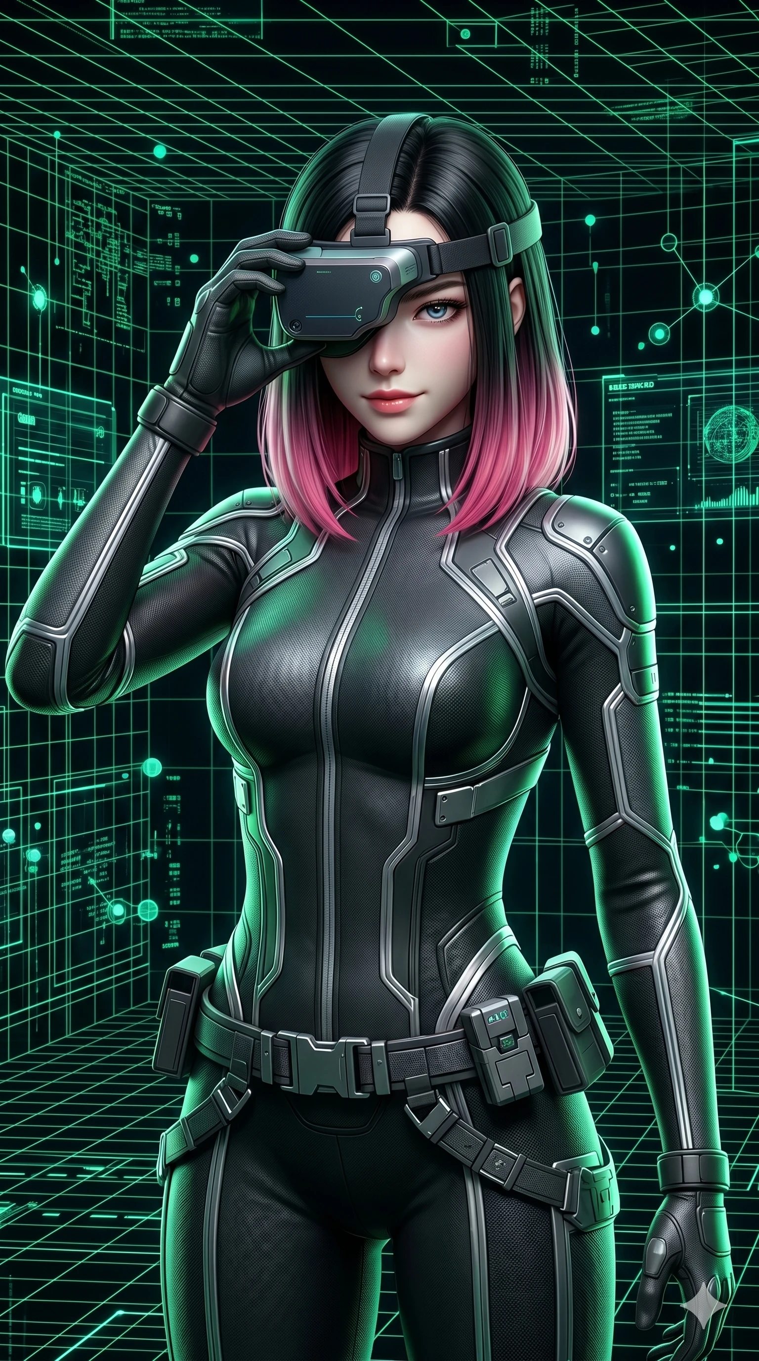score_9, masterpiece, best quality, ultra-detailed, high-budget anime keyframe, semi-realistic 3D game render, Korean woman. Upper body close-up from the thighs up, character filling the screen for maximum presence. Inside a virtual reality chamber with wireframe grids, adjusting her VR headset with a focused, intense half-smile. She is wearing a form-fitting tech-jumpsuit with reflective silver piping and a utility belt. The scene is illuminated by neon green grid lines and a sharp white key light. 2k, ultra detail, master piece, 9:16 ratio