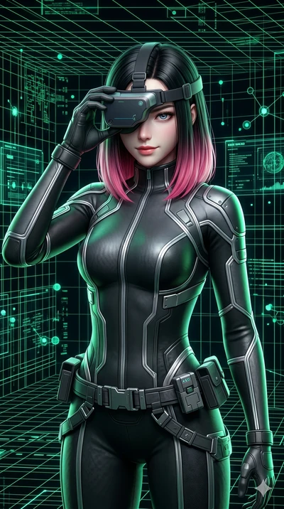 score_9, masterpiece, best quality, ultra-detailed, high-budget anime keyframe, semi-realistic 3D game render, Korean woman. Upper body close-up from the thighs up, character filling the screen for maximum presence. Inside a virtual reality chamber w