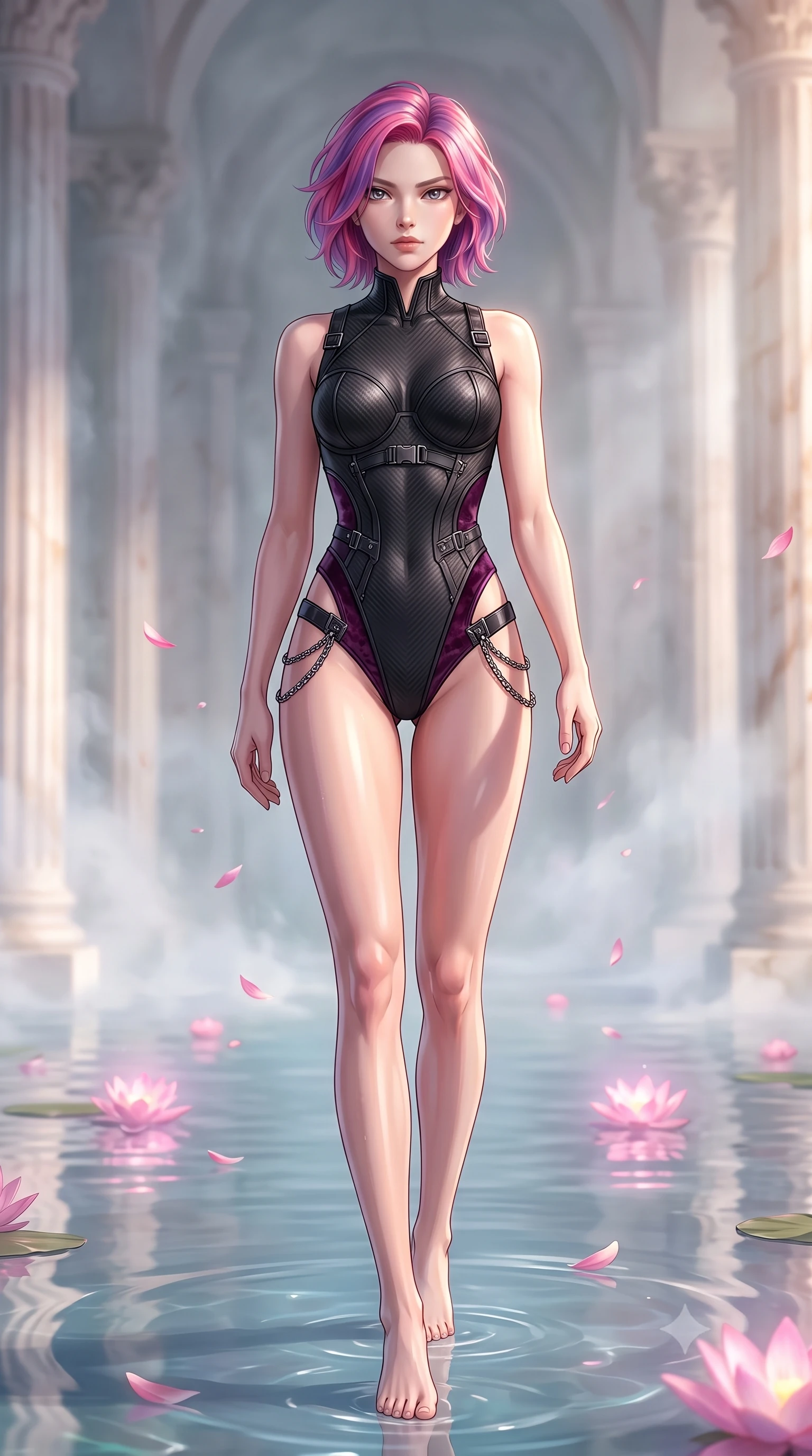 score_9, masterpiece, best quality, ultra-detailed, high-budget anime keyframe, editorial fashion photography, tasteful artistic composition, Caucasian woman. low angle full-body shot from head to toe showing her feet, filling the entire 9:16 vertical frame with her statuesque presence, stretching her vertical silhouette. forging confidently through the floating mist, holding a poised statuesque stance, immersed to the waist in a mirror-still pool as lotus petals drift around her, alabaster columns framed by gentle water vapor in soft background focus. She has an absolutely perfect, statuesque 8.5-heads proportion, an exceptionally tall and slender model-like female figure with impossibly long slender legs and an ultra-slim waist. sharp v-shaped jawline, high-bridge nose, intricate jewel-like eyes with depth, thick eyelashes, glossy lips with a natural sheen. wearing sculpted structured cup bodysuit in matte black carbon-fiber with hip cutouts in dark plum violet, made of crushed dark silk velvet, framed by dark titanium buckles and silver chain details, highlighting her statuesque proportions and ultra-slim waistline. bathed in subtle lotus bioluminescence and bright marble highlights. highly saturated vibrant anime colors, detailed shading with soft gradients, rich glossy textures, high-contrast stereoscopic depth, volumetric dynamic lighting, master piece, 9:16 ratio