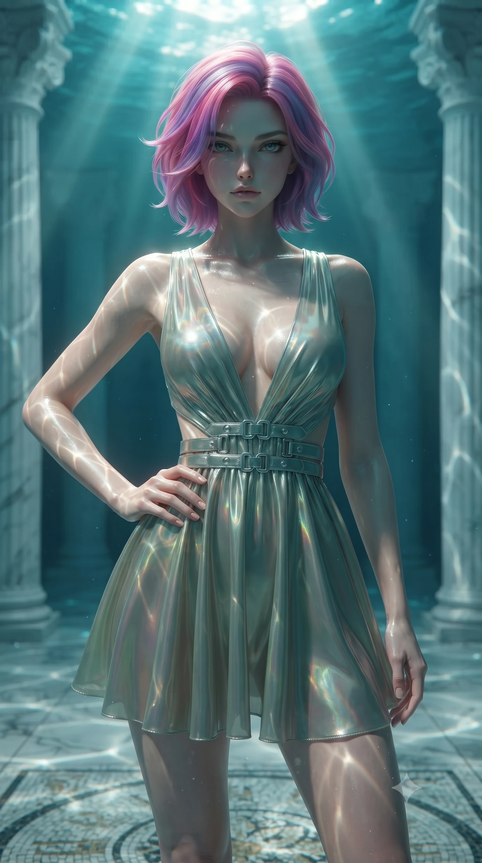 score_9, masterpiece, best quality, ultra-detailed, high-budget anime keyframe, editorial fashion photography, tasteful artistic composition, Caucasian woman. close-up cowboy shot from the waist and thighs up, the character dominates the composition, filling the frame with her large presence, background elements kept in soft focus. Holding a confident power pose with one hand on her hip, gazing directly into the camera with quiet intensity floating gracefully through a sunken white marble colonnade underwater, golden sunbeams penetrating deep turquoise water creating caustic light patterns. She has an exceptionally elegant, slender, and willowy female figure with an ultra-slim waist, a gracefully sculpted slender torso, and a refined silhouette. sharp v-shaped jawline, high-bridge nose, intricate jewel-like eyes with depth, thick eyelashes, glossy lips with a natural sheen. wearing a liquid mercury gloss mini dress with ultra-deep V-neck and waist cutouts in sage green and oatmeal, crafted from iridescent chiffon that shifts colors in the light, detailed with polished silver buckles along the waistline, the sleek second-skin texture accentuating her magnetic presence. surrounded by a shimmering ocean aura with bright pearl-white rim lights. ultra-reflective glossy finish, specular highlights, metallic sheen, high-contrast stereoscopic depth, volumetric dynamic lighting, 2k, ultra detail, master piece, 9:16 ratio