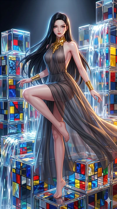score_9, masterpiece, best quality, ultra-detailed, high-budget anime keyframe, Japanese woman. upper body close-up from the thighs up, character filling the screen for maximum presence. balancing on cubist glass blocks that cascade like a waterfall,