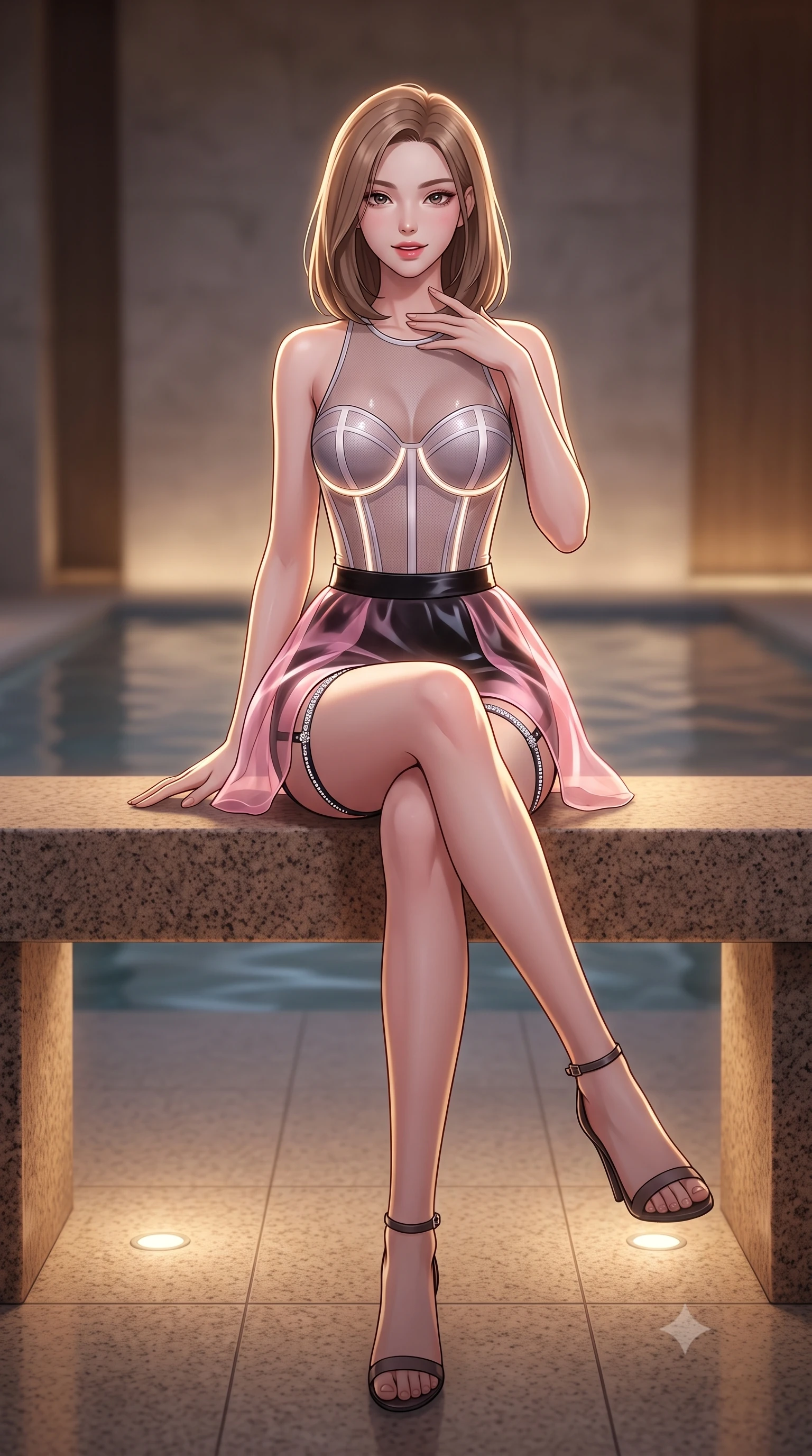 score_9, masterpiece, best quality, ultra-detailed, high-budget anime keyframe, semi-realistic 3D game render, editorial fashion photography, tasteful artistic composition, Korean woman. low angle full-body shot from head to toe showing her feet, filling the entire 9:16 vertical frame with her statuesque presence, stretching her vertical silhouette. stepping slowly toward the camera with hypnotic grace, hips swaying in an alluring sensual rhythm that accentuates her curvy hourglass silhouette and long slender legs while sitting gracefully on the warm granite bench with legs crossed, running one manicured hand slowly along her neck with magnetic allure. The background shows a soft-focus concealed floor downlights softened in Scandinavian minimalist spa shallow focus. She has an exceptionally tall and slender model-like 8.5-heads proportion, an ultra-slim waist, a flat toned midriff, narrow delicate ribcage, and beautifully sculpted feminine hips creating a graceful, slim hourglass silhouette without any bulky heaviness, with impossibly long slender legs. sharp v-shaped jawline, high-bridge nose, intricate jewel-like sparkling eyes with depth, thick eyelashes, glossy parted lips with a natural peach sheen, bright cheerful beaming smile with an enchanting and coquettish sensual glint, exuding both youthful cute charm and seductive allure, flawlessly proportioned anatomical accuracy, strict slender model proportions, natural body alignment, perfectly sculpted long slender limbs, ultra-slim waistline, clean dynamic posture without body distortion. wearing a sculpted underwire cyber-corset in translucent tech-tulle with illuminated boning channels paired with a sheer mini skirt in Kyoto moonlit sakura blush and polished urushi black, crafted from translucent silk organza with an ethereal crystalline sheen, finished with delicate crystal-encrusted thigh garter straps glinting in the dim light, the glove-like clinging cut tightly following the natural contour of her hips and long slender legs with youthful 8.5-heads elegance. illuminated by still water mirror bounce and sharp platinum-gold rim lights sculpting her features, flat midriff, and slender waist. highly saturated vibrant anime colors, detailed shading with soft gradients, rich glossy textures, high-contrast stereoscopic depth, volumetric dynamic lighting, master piece, 9:16 ratio