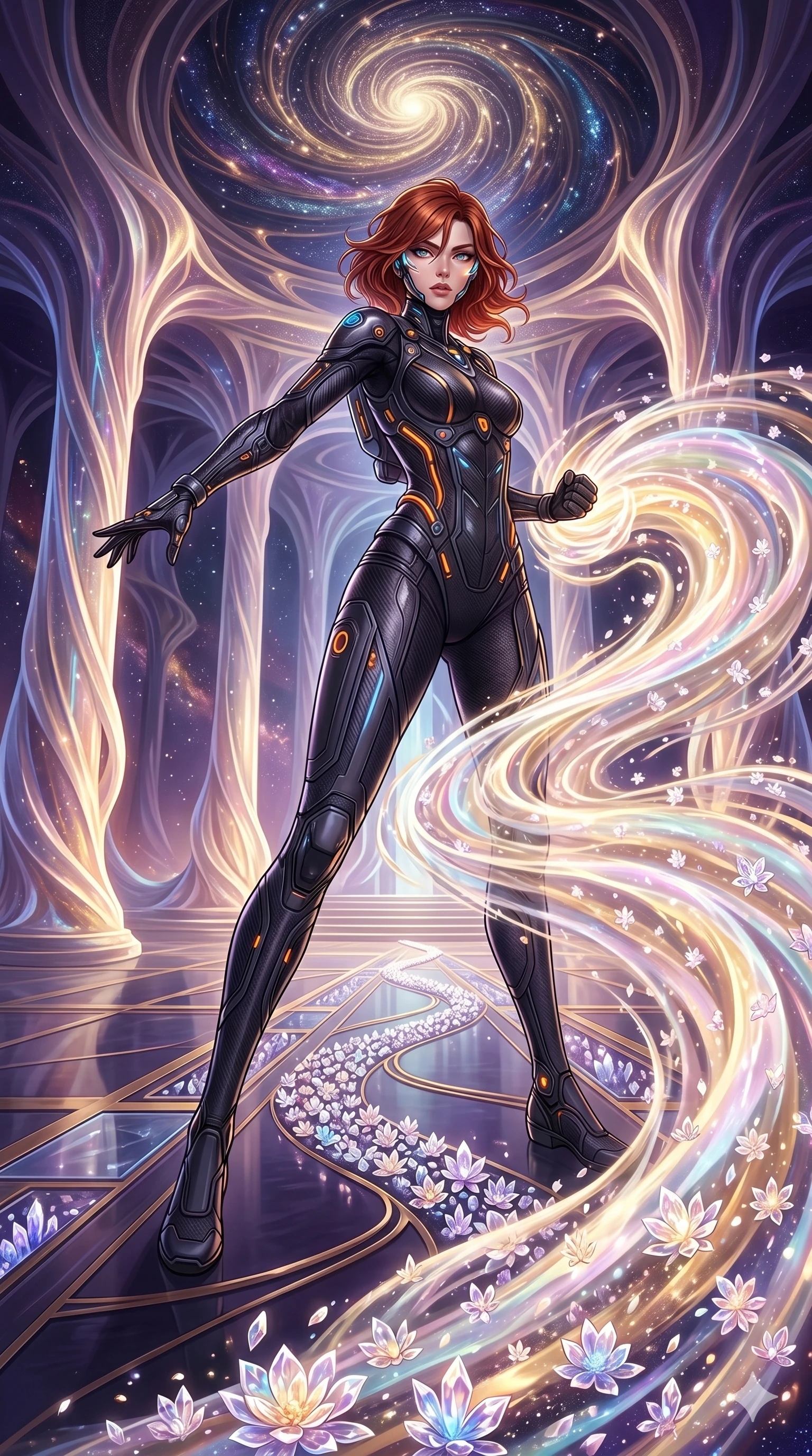 score_9, masterpiece, best quality, ultra-detailed, Set A: High-budget Anime Keyframe, Caucasian (human ears) woman. Low angle cowboy shot filling the entire 9:16 frame with her statuesque presence. Theme: Abstract Cosmic. unleashing a massive energy wave in a temple made of solid light, while she leaves a trail of 146 blooming crystal flowers. The atmosphere is filled with a swirling vortex of stars. She has an absolutely perfect 8-heads proportion, an exceptionally tall and slender female figure with impossibly long slender legs and an ultra-slim waist. Sharp v-shaped jawline, high-bridge nose, intricate jewel-like eyes with depth, glossy lips. Wearing Interstellar pilot suit with glowing oxygen-tubes and a sleek carbon-fiber frame. Cinematic lighting, vivid colors, dramatic shadows, 2k, ultra detail, master piece, 9:16 ratio