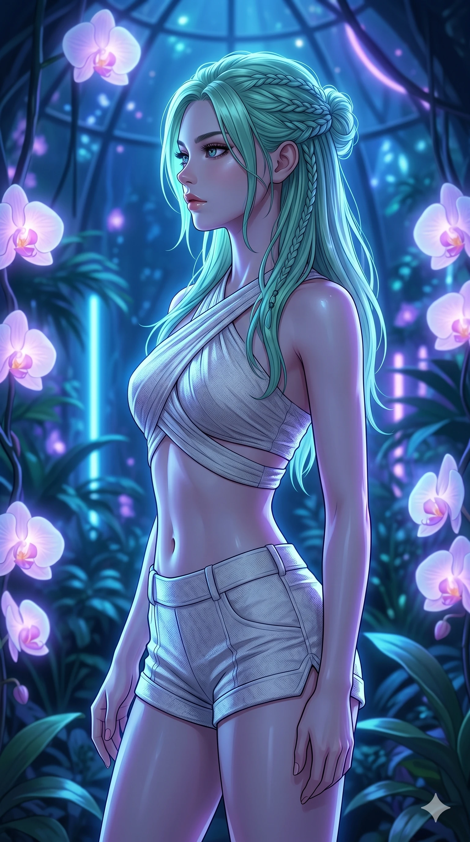 score_9, masterpiece, best quality, ultra-detailed, high-budget anime keyframe, editorial fashion photography, tasteful artistic composition, Japanese woman. cowboy shot from the thighs up, character and outfit filling the frame for maximum editorial presence. turning her face in a sharp profile, her expression cool, confident in a bioluminescent rainforest dome where orchid petals glow softly (Code-P18-105). She has an absolutely perfect 8-heads proportion, an exceptionally tall and slender female figure with impossibly long slender legs and an ultra-slim waist. V-shaped jawline, high-bridge nose, intricate jewel-like eyes with depth, thick eyelashes, glossy lips with a natural sheen. wearing a wrap top exposing her bare midriff and matching micro-shorts. cool blue and violet neon light, highlighting the sleek contours of her athletic figure. 2k, ultra detail, master piece, 9:16 ratio