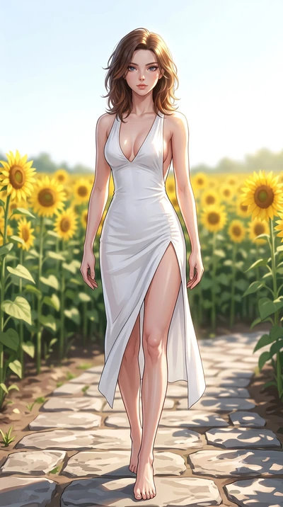 score_9, masterpiece, best quality, ultra-detailed, high-budget anime keyframe, editorial fashion photography, tasteful artistic composition, Korean woman woman. low angle full-body shot from head to toe showing her feet, filling the entire 9:16 vert
