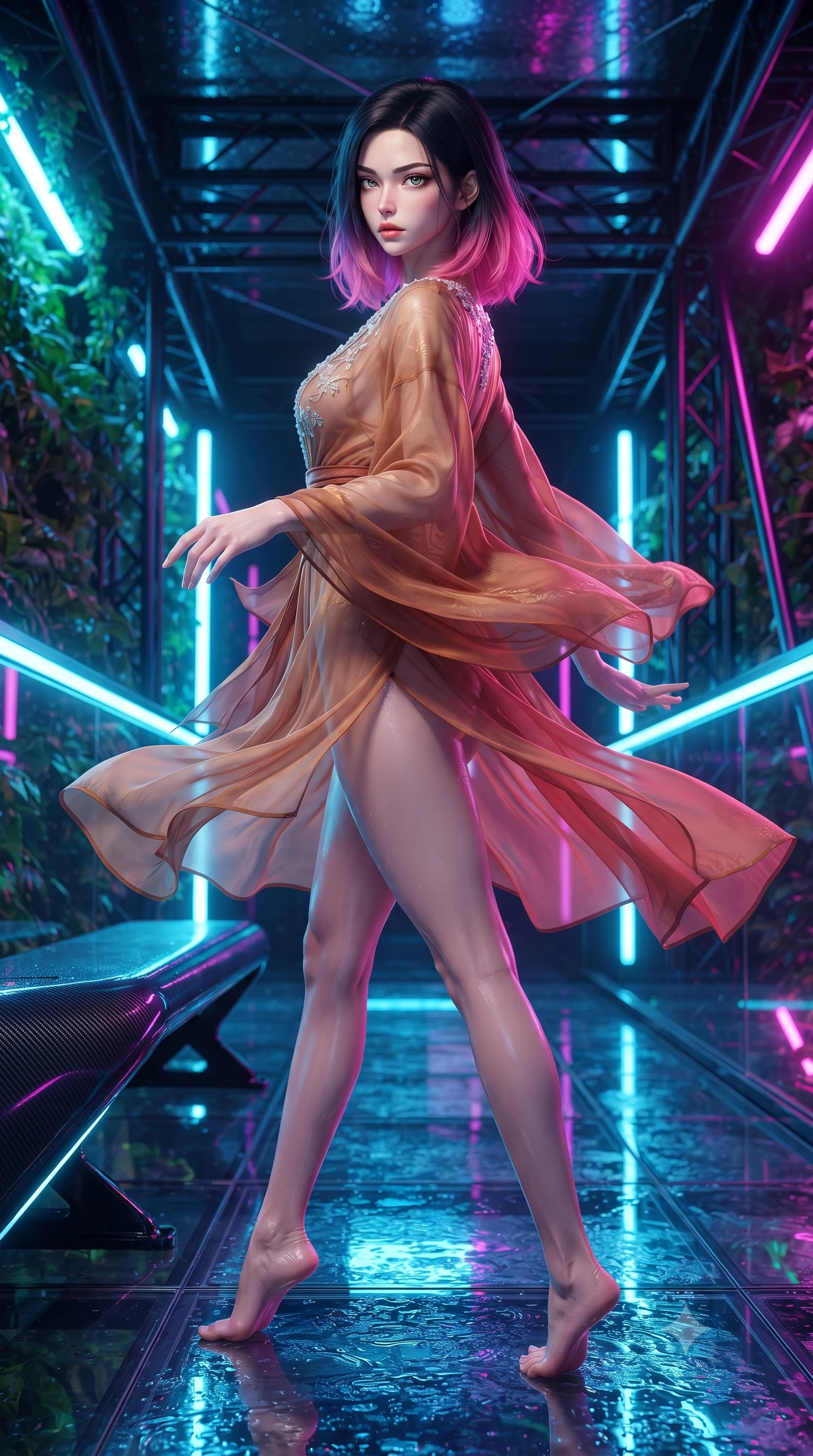 score_9, masterpiece, best quality, ultra-detailed, high-budget anime keyframe, editorial fashion photography, tasteful artistic composition, Korean woman. low angle full-body shot from head to toe showing her feet, filling the entire 9:16 vertical frame with her statuesque presence, stretching her vertical silhouette. executing an elegant mid-motion pivot turn as garments swirl around her slender limbs, glancing over her shoulder with an intoxicating bedroom-gaze while reclining on a sleek luminescent outdoor bench along the aerial walkway, her long slender legs and curvy hips sculpted by vibrant tropical neon light. The surrounding environment is rendered in vivid detail and crisp panoramic clarity. sharp carbon-fiber skyway trusses, transparent acrylic floor seams, and biomimetic vine textures in deep focus. She has an exceptionally tall and slender model-like 8.5-heads proportion, an ultra-slim waist, a flat toned midriff, narrow delicate ribcage, and beautifully sculpted feminine hips creating a graceful, slim hourglass silhouette without any bulky heaviness, with impossibly long slender legs. sharp v-shaped jawline, high-bridge nose, intricate jewel-like eyes with depth, thick eyelashes, glossy parted lips with a natural sheen, intensely captivating and seductive bedroom-eyes expression, flawlessly proportioned anatomical accuracy, strict slender model proportions, natural body alignment, perfectly sculpted long slender limbs, ultra-slim waistline, clean dynamic posture without body distortion. wearing a delicate semi-translucent silk yukata that clings to her wet skin and curvy hip contours in molten desert gold and burnt terracotta, woven from layered gossamer chiffon with a weightless sweeping drape, finished with delicate crystal frost embroidery tracing the plunging neckline, the form-contouring material adhering flawlessly to her sculpted flat midriff and slender torso, emphasizing her long leg lines and perfectly proportioned willowy build. illuminated by wet glass specular reflections sculpting her razor-sharp jawline, narrow waist, and curvy hips. ultra-reflective glossy finish, specular highlights, rich textural contrasts, high-contrast stereoscopic depth, volumetric dynamic lighting, 2k, ultra detail, master piece, 9:16 ratio