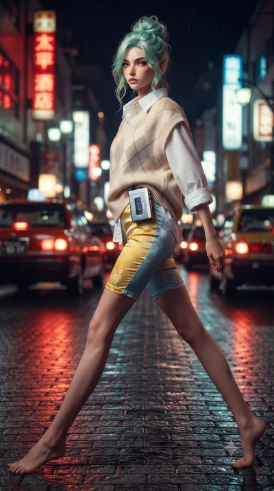 score_9, masterpiece, best quality, ultra-detailed, high-budget anime keyframe, editorial fashion photography, tasteful artistic composition, Japanese woman. low angle full-body shot from head to toe showing her feet, filling the entire 9:16 vertical