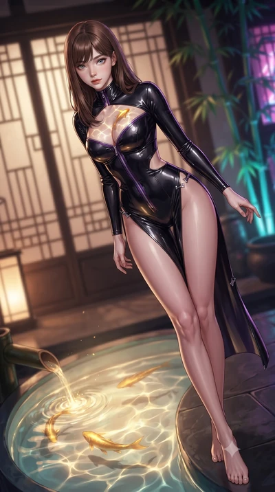 score_9, masterpiece, best quality, ultra-detailed, high-budget anime keyframe, editorial fashion photography, tasteful artistic composition, Korean woman. low angle full-body shot from head to toe showing her feet, filling the entire 9:16 vertical f