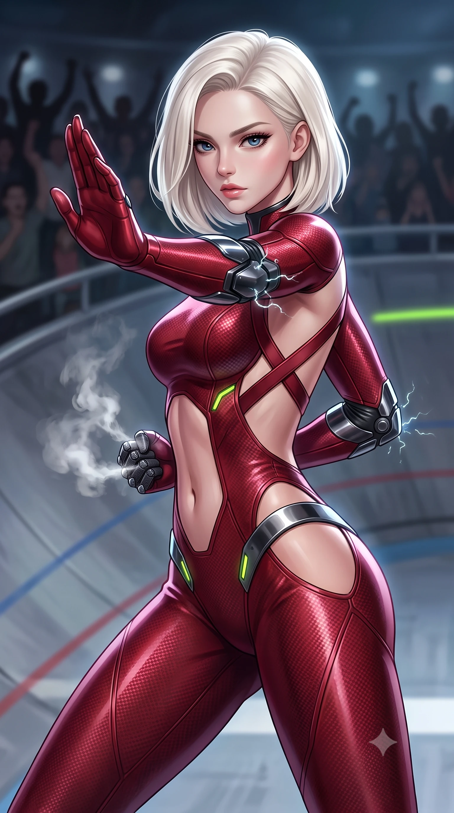 score_9, masterpiece, best quality, ultra-detailed, high-budget anime keyframe, semi-realistic 3D game render, editorial fashion photography, tasteful artistic composition, Caucasian woman. close-up cowboy shot from the waist and thighs up, the character dominates the composition, filling the frame with her large presence. twisting her upper body in a dynamic S-curve martial arts stance, cybernetic elbow dampers emitting subtle electric sparks as she aims a focused palm strike while arching her spine in a fluid combat stance on the finish line with steam hissing from her carbon knuckle vents. The composition keeps background elements in soft focus with creamy bokeh. banked steel track curves and cheering spectator silhouettes softened in moody shallow focus. She has an exceptionally elegant, slender, and willowy female figure with an ultra-slim waist, a gracefully sculpted slender torso, toned flat midriff, and a refined slim silhouette. sharp v-shaped jawline, high-bridge nose, intricate jewel-like eyes with depth, thick eyelashes, glossy lips with a natural sheen, flawlessly proportioned anatomical accuracy, strict slender model proportions, natural body alignment, perfectly sculpted long slender limbs, ultra-slim waistline, clean dynamic posture without body distortion. wearing a skin-tight crimson carbon-weave battle-suit with metallic dark chrome elbow dampers and hip-accentuating cutouts in emerald green carbon composite with glowing lime laser channels, made of lightweight aerodynamic carbon-titanium alloy with polished edge bevels, complemented by criss-cross back harness straps highlighting her completely bare spine, the precision-cut daring openings accentuating her delicate midriff, graceful bare collarbones, and ultra-slim feminine waistline. surrounded by an exhilarating, fierce, and breathtakingly stylish cyborg-warrior champion aura. rich saturated anime colors with glowing neon highlights, detailed shading with soft gradients, rich glossy textures, high-contrast stereoscopic depth, volumetric dynamic lighting, master piece, 9:16 ratio