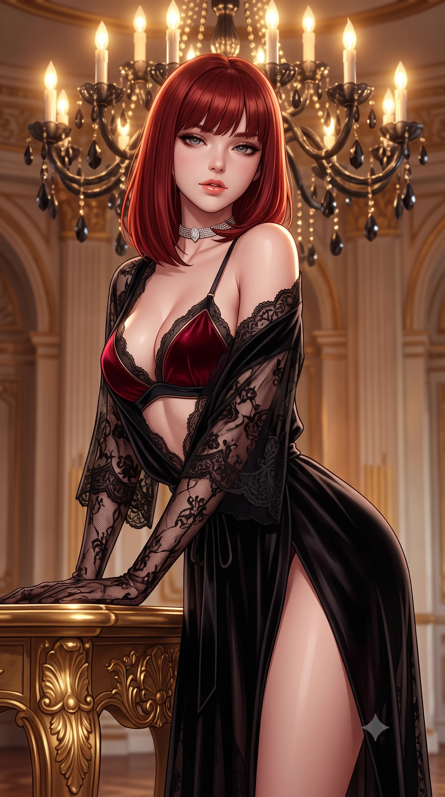 score_9, masterpiece, best quality, ultra-detailed, high-budget anime keyframe, semi-realistic 3D game render, editorial fashion photography, tasteful artistic composition, Caucasian woman. close-up cowboy shot from the waist and thighs up, the character dominates the composition, filling the frame with her large presence. leaning forward while arching her lower back to accentuate her curvy hips, looking into the camera with an intoxicating smoldering gaze and bedroom-eyes while leaning against a gilded baroque console table with hips cocked back, looking over a bare shoulder with an alluring, parted-lip smile. The surrounding environment is rendered in vivid detail and crisp panoramic clarity: detailed satin slip gown drape, diamond choker shine, and palatial ballroom architecture in high resolution. She has an exceptionally elegant, slender, and willowy female figure with an ultra-slim waist, flat toned midriff, narrow ribcage, and sculpted feminine hips creating an alluring, slim hourglass silhouette without bulk. sharp v-shaped jawline, high-bridge nose, sparkling eyes with hypnotic seductive depth, thick curled eyelashes, glossy parted lips with a natural dewy peach sheen, alluring bedroom-eyes with an enchanting coquettish smile, exuding magnetic siren charisma and sophisticated glamour, flawlessly proportioned anatomical accuracy, strict slender model proportions, natural body alignment, perfectly sculpted long slender limbs, ultra-slim waistline, clean dynamic posture without body distortion. wearing a delicate semi-sheer black Chantilly lace boudoir robe worn loose and slipping off bare shoulders over a matching satin bralette in deep blood-red velvet and midnight obsidian black with antique bronze trims, tailored from ultra-plush velvet with rich tactile depth and deep shadow gradients, complemented by sheer opera-length lace evening gloves tracing her slender arms, the high-slit wrap tailoring accentuating her ultra-slim waistline and the enchanting curve of her feminine hips with alluring seductive charm. bathed in the glittering amber-and-gold brilliance of black-crystal chandelier candle bulbs. highly saturated vibrant anime colors, detailed shading with soft gradients, rich glossy textures, high-contrast stereoscopic depth, volumetric dynamic lighting, master piece, 9:16 ratio