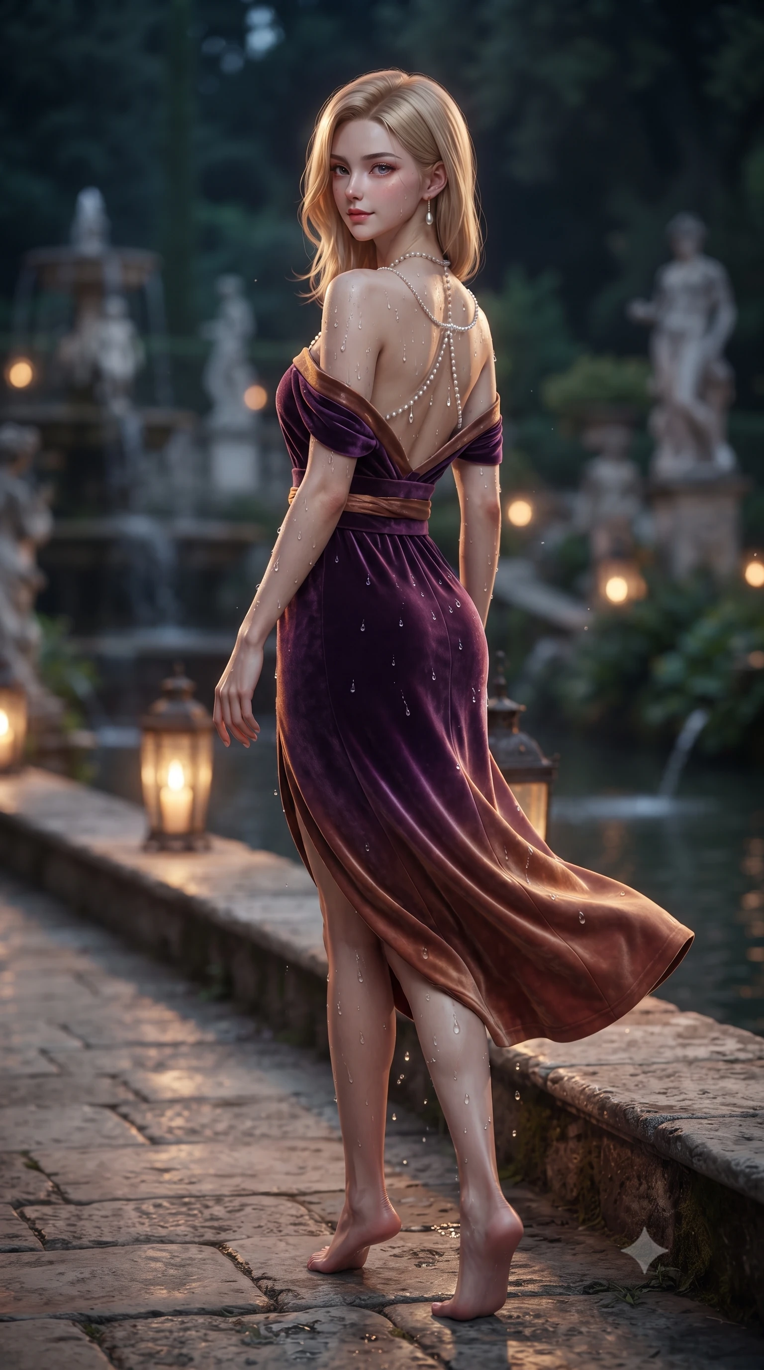 score_9, masterpiece, best quality, ultra-detailed, high-budget anime keyframe, editorial fashion photography, tasteful artistic composition, Korean woman. low angle full-body shot from head to toe showing her feet, filling the entire 9:16 vertical frame with her statuesque presence, stretching her vertical silhouette. walking along the terrace with poise, looking back over her bare shoulder with an irresistible smoldering bedroom-gaze while twisting her slender torso in an alluring S-curve, water droplets and lantern light dancing across her dewy collarbones and bare back. The background shows a soft-focus Renaissance water theater facade softened in enchanting Tivoli nocturnal magic shallow focus. She has an exceptionally tall and slender model-like 8.5-heads proportion, an ultra-slim waist, a flat toned midriff, narrow delicate ribcage, and beautifully sculpted feminine hips creating a graceful, slim hourglass silhouette without any bulky heaviness, with impossibly long slender legs. sharp v-shaped jawline, high-bridge nose, intricate jewel-like sparkling eyes with depth, thick eyelashes, glossy parted lips with a natural peach sheen, bright cheerful beaming smile with an enchanting and coquettish sensual glint, exuding both youthful cute charm and seductive allure, flawlessly proportioned anatomical accuracy, strict slender model proportions, natural body alignment, perfectly sculpted long slender limbs, ultra-slim waistline, clean dynamic posture without body distortion. wearing a backless Japanese silk robe-inspired cocktail dress slipping gracefully off bare shoulders with a cinched obi belt in Mirage sunset amethyst purple and warm bronze, tailored from ultra-plush silk velvet with rich tactile depth and deep shadow gradients, accented with a pearl-drop body harness subtly framing her dewy collarbones and spine, the glove-like clinging cut tightly following the natural contour of her hips and long slender legs with youthful 8.5-heads elegance. bathed in the flickering warm golden glow of antique lanterns reflecting in turbulent water pools. ultra-reflective glossy finish, specular highlights, rich textural contrasts, high-contrast stereoscopic depth, volumetric dynamic lighting, 2k, ultra detail, master piece, 9:16 ratio