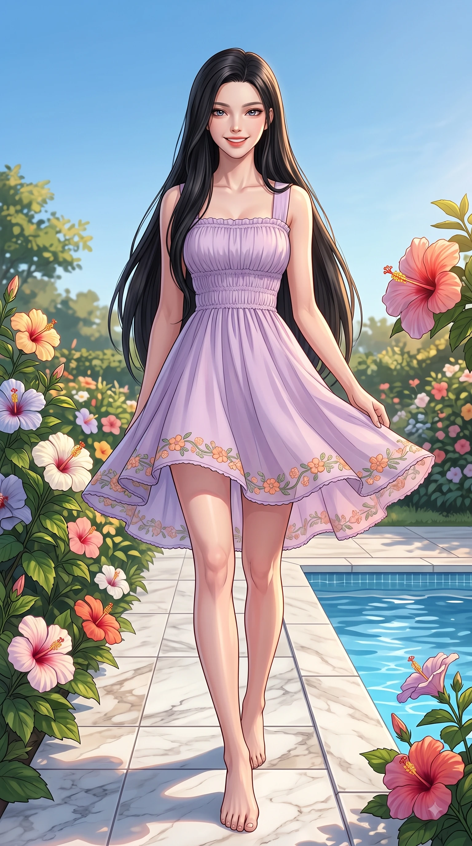 score_9, masterpiece, best quality, ultra-detailed, high-budget anime keyframe, editorial fashion photography, tasteful artistic composition, Korean woman. low angle full-body shot from head to toe showing her feet, filling the entire 9:16 vertical frame with her statuesque presence, stretching her vertical silhouette. pivoting dynamically with a fresh infectious smile, her ultra-slim waist creating a sweeping fluid curve while stepping onto a marble garden walkway surrounded by blooming hibiscus flowers and clear blue water. The surrounding environment is rendered in vivid detail and crisp panoramic clarity. detailed marble poolside tiles, blooming hibiscus flowers, and clear blue sky captured in crisp resolution. She has an absolutely perfect, statuesque 8.5-heads proportion, an exceptionally tall and slender model-like female figure with impossibly long slender legs and an ultra-slim waist. sharp v-shaped jawline, high-bridge nose, intricate jewel-like eyes with depth, thick eyelashes, glossy lips with a natural sheen, flawlessly proportioned anatomical accuracy, natural body alignment, perfectly sculpted elegant limbs, clean dynamic posture without body distortion. wearing a romantic lilac square-neck sundress with soft smocked bodice and fluttery hem in warm apricot and sage green, made of fine lightweight chiffon that flutters gently in the breeze, complemented by delicate embroidered floral trim along the hem, the relaxed yet flattering fit accentuating her naturally graceful and slender figure. illuminated by warm golden afternoon sunbursts casting crisp highlights. highly saturated vibrant anime colors, detailed shading with soft gradients, rich glossy textures, high-contrast stereoscopic depth, volumetric dynamic lighting, master piece, 9:16 ratio