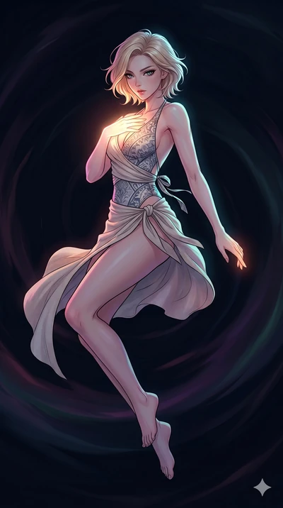 score_9, masterpiece, best quality, ultra-detailed, high-budget anime movie keyframe, cinematic anime lighting, intricate line art, Japanese woman. Mid-air action shot capturing a graceful twist and vertical silhouette. shielding her heart with a glo