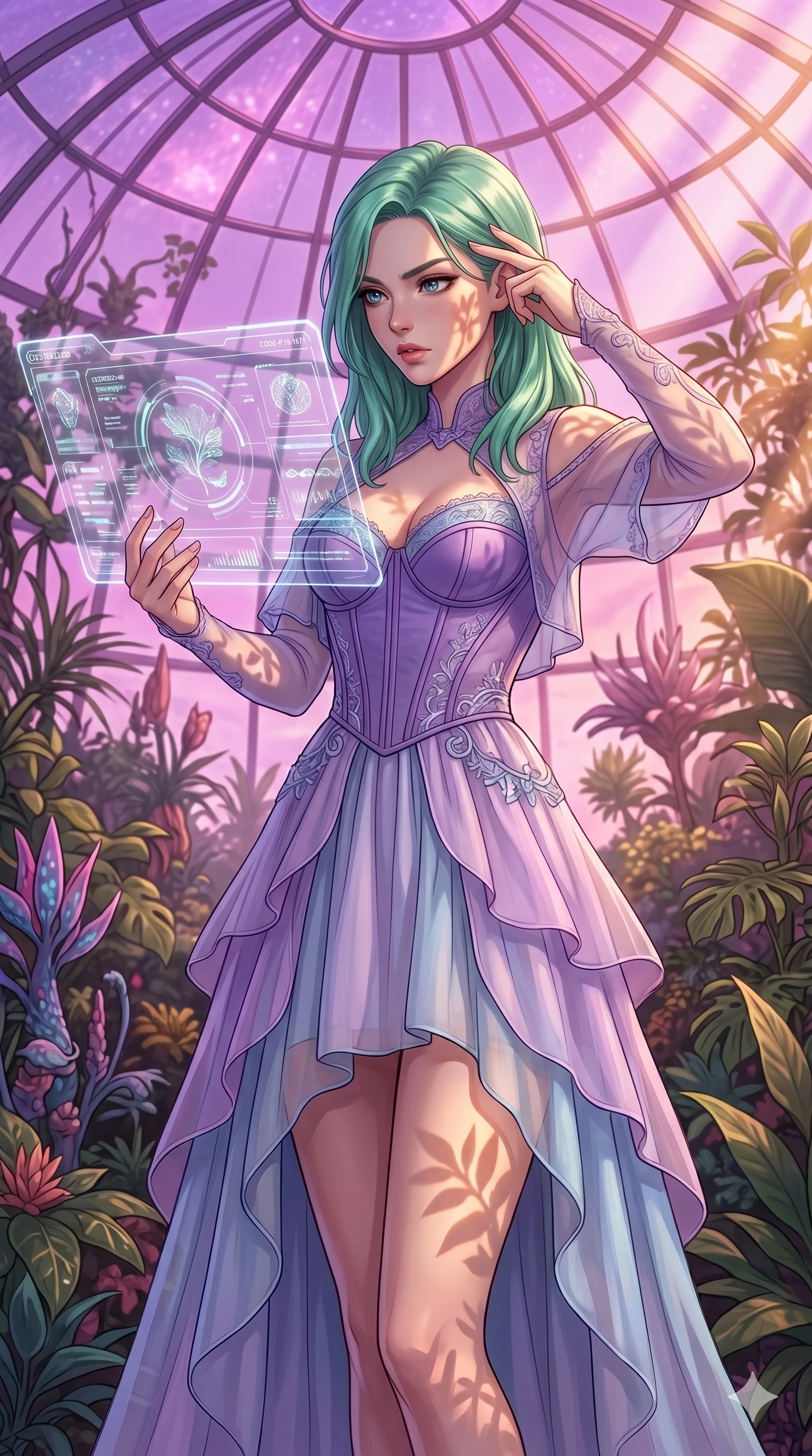 score_9, masterpiece, best quality, ultra-detailed, high-budget anime keyframe, editorial fashion photography, tasteful artistic composition, Japanese woman. cowboy shot from the thighs up, character and outfit filling the frame for maximum editorial presence. pressing two fingers to her temple, looking at the hologram with quiet, sharp focus in a futuristic greenhouse under a dome of glowing violet-pink glass (Code-P18-187). She has an absolutely perfect 8-heads proportion, an exceptionally tall and slender female figure with impossibly long slender legs and an ultra-slim waist. V-shaped jawline, high-bridge nose, intricate jewel-like eyes with depth, thick eyelashes, glossy lips with a natural sheen. wearing a sheer chiffon dress with a purple corset bodice. bathed in warm, golden afternoon sunbeams, casting soft organic leaf shadows on her skin. 2k, ultra detail, master piece, 9:16 ratio