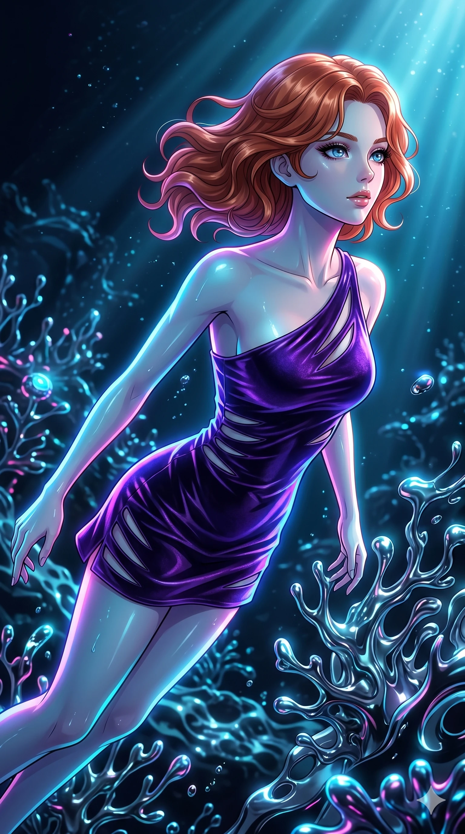 score_9, masterpiece, best quality, ultra-detailed, high-budget anime keyframe, Japanese woman. upper body close-up from the thighs up, character filling the screen for maximum presence. diving through a bionic fluid mercury reef where self-replicating liquid chrome corals pulse under dark ocean water. She has an absolutely perfect 8-heads proportion, an exceptionally tall and slender female figure with impossibly long slender legs and an ultra-slim waist. V-shaped jawline, high-bridge nose, intricate jewel-like eyes with depth, thick eyelashes, glossy lips with a natural sheen.. wearing an asymmetric liquid velvet slip dress, featuring a wet-look deep purple velvet one-shoulder mini slip with slanted slashed cutouts. bathed in brilliant cinematic volumetric lighting and intense neon rim light highlighting her slender form. 2k, ultra detail, master piece, 9:16 ratio