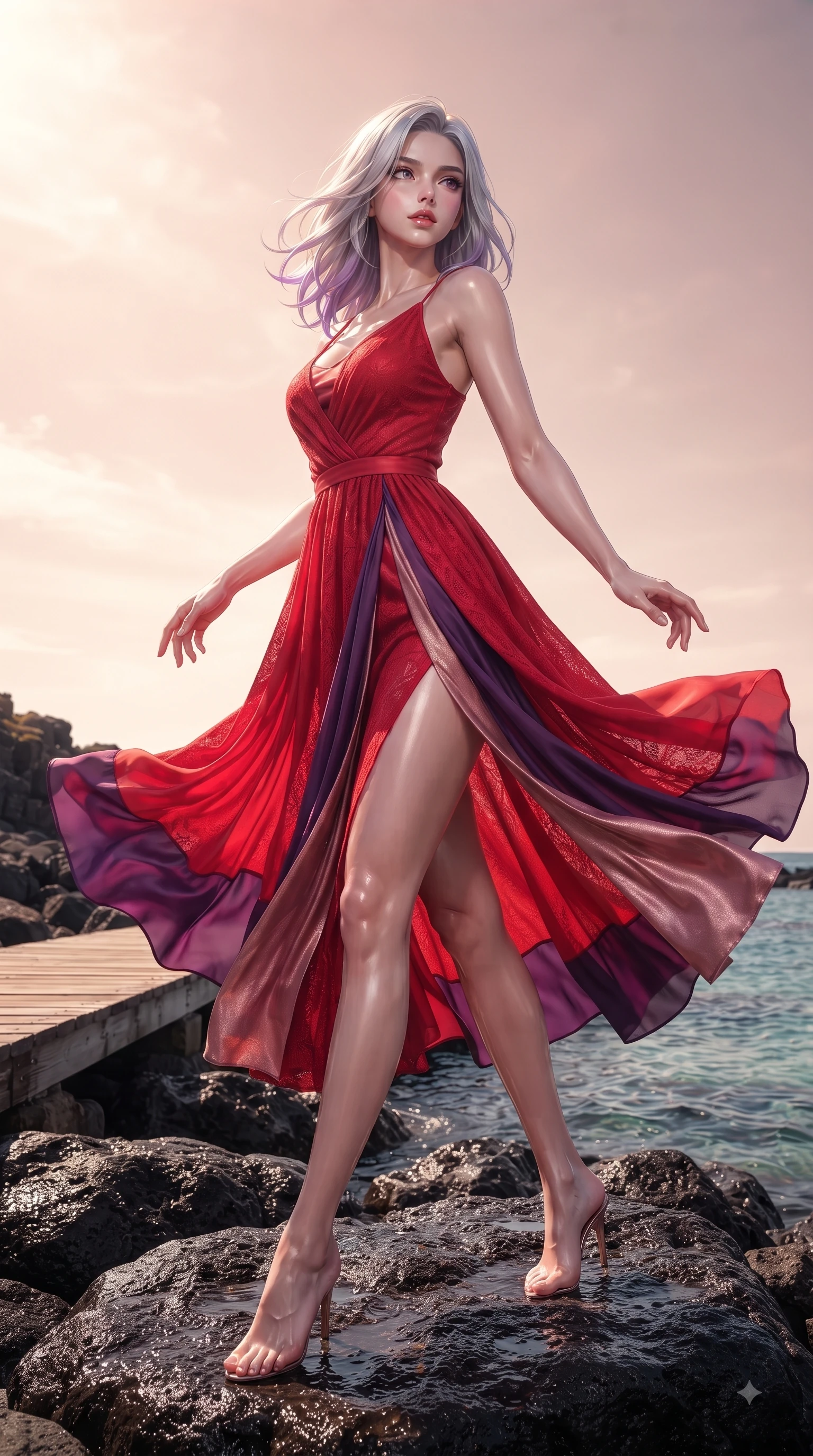 score_9, masterpiece, best quality, ultra-detailed, high-budget anime keyframe, editorial fashion photography, tasteful artistic composition, Caucasian woman. low angle full-body shot from head to toe showing her feet, filling the entire 9:16 vertical frame with her statuesque presence, stretching her vertical silhouette. Seductively magnetic look casting a fiery side-gaze with full glossy lips and smoldering glamour while pivoting in mid-motion on dark volcanic rocks with a windswept, magnetic stance. The surrounding environment is rendered in vivid detail and crisp panoramic clarity. glistening basalt sea rocks, coastal boardwalk planks, and crystal ocean waters rendered in deep focus. She has an absolutely perfect, statuesque 8.5-heads proportion, an exceptionally tall and slender model-like female figure with impossibly long slender legs and an ultra-slim waist. sharp v-shaped jawline, high-bridge nose, intricate jewel-like eyes with depth, thick eyelashes, glossy lips with a natural sheen, flawlessly proportioned anatomical accuracy, natural body alignment, perfectly sculpted elegant limbs, clean dynamic posture without body distortion. wearing a vibrant scarlet red chiffon maxi dress with a dramatic flowing skirt in deep amethyst purple and rose gold, made of fine lace weave and soft satin jersey, finished with a sleek side slit ascending to mid-thigh, the fluid drape swaying gracefully with her dynamic editorial movement. illuminated by a dramatic rose-gold sky glow with vivid rim highlights. ultra-reflective glossy finish, specular highlights, metallic sheen, high-contrast stereoscopic depth, volumetric dynamic lighting, 2k, ultra detail, master piece, 9:16 ratio