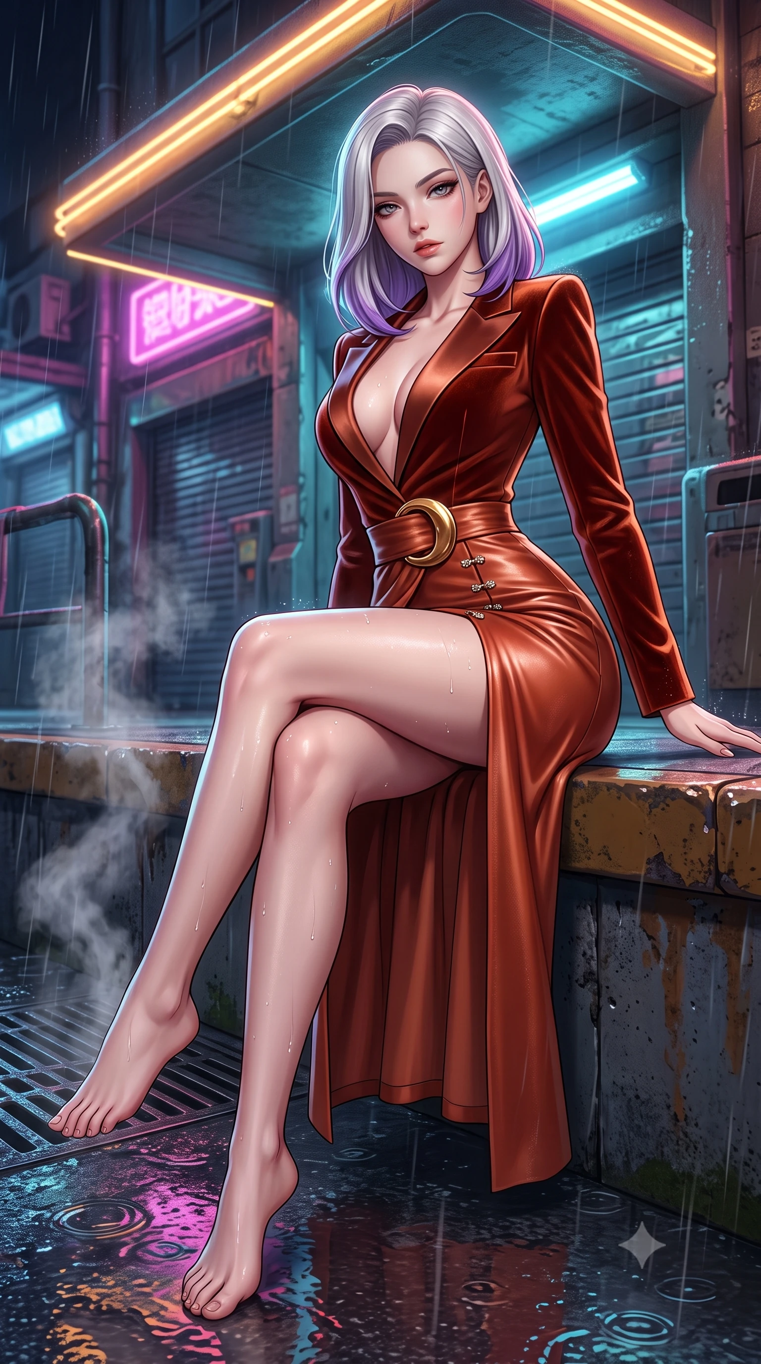 score_9, masterpiece, best quality, ultra-detailed, high-budget anime keyframe, semi-realistic 3D game render, editorial fashion photography, tasteful artistic composition, Caucasian woman. low angle full-body shot from head to toe showing her feet, filling the entire 9:16 vertical frame with her statuesque presence, stretching her vertical silhouette. sitting perched on the elevated edge with hips angled toward the camera and legs crossed, displaying her toned midriff and flawlessly sculpted slender limbs while standing poised under a glowing neon overhang, twisting her upper body in an alluring S-curve as steam escapes from iron street grates into the rain. The surrounding environment is rendered in vivid detail and crisp panoramic clarity. detailed wet-look garment sheen, water droplet beads on skin, and cybernetic street texture in high clarity. She has an exceptionally tall and slender model-like 8.5-heads proportion, an ultra-slim waist, a flat toned midriff, narrow delicate ribcage, and beautifully sculpted feminine hips creating a graceful, slim hourglass silhouette without any bulky heaviness, with impossibly long slender legs. sharp v-shaped jawline, high-bridge nose, intricate jewel-like eyes with depth, thick eyelashes, glossy parted lips with a natural sheen, intensely captivating and seductive bedroom-eyes expression, flawlessly proportioned anatomical accuracy, strict slender model proportions, natural body alignment, perfectly sculpted long slender limbs, ultra-slim waistline, clean dynamic posture without body distortion. wearing a tailored velvet tuxedo jacket dress with satin lapels, worn with a deep plunge neckline and gold hip buckle in molten desert gold and burnt terracotta, formed from supple second-skin lambskin leather with specular sheen, finished with an ultra-high side slit secured by miniature jeweled clasps, the form-contouring material adhering flawlessly to her sculpted flat midriff and slender torso, emphasizing her long leg lines and perfectly proportioned willowy build. illuminated by shimmering wet ground specular reflections accentuating her sculpted midriff, narrow waist, and curvy hips. highly saturated vibrant anime colors, detailed shading with soft gradients, rich glossy textures, high-contrast stereoscopic depth, volumetric dynamic lighting, master piece, 9:16 ratio