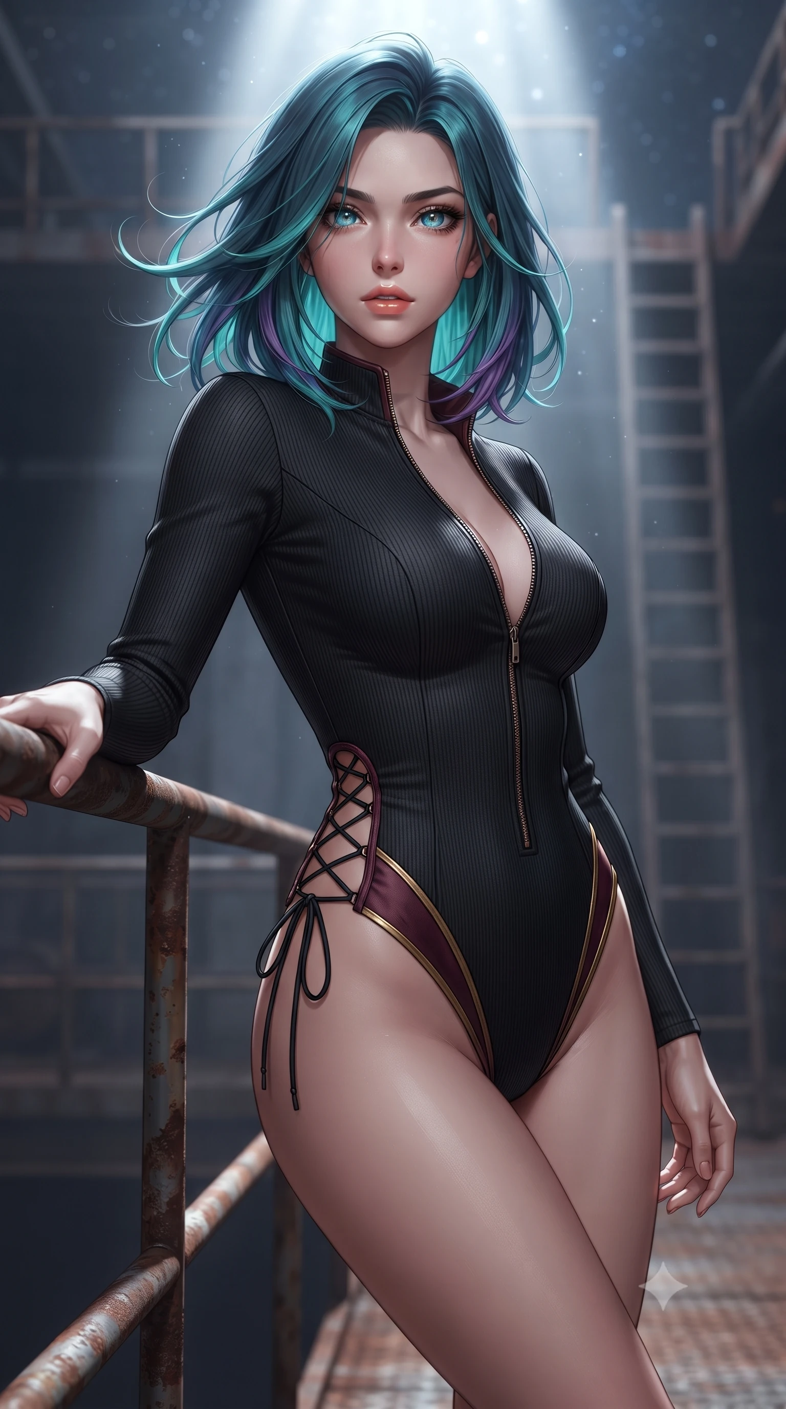 score_9, masterpiece, best quality, ultra-detailed, high-budget anime keyframe, editorial fashion photography, tasteful artistic composition, Caucasian woman. close-up cowboy shot from the waist and thighs up, the character dominates the composition, filling the frame with her large presence. turning slowly with an enchanting smoldering smile, her glossy hair tossing in the breeze as her hips angle gracefully in a captivating contrapposto while leaning against the rusty iron handrail with hips cocked back, looking into the darkness with a smoldering, dangerous bedroom-gaze. The background shows a soft-focus distant catwalk ladders softened in colossal industrial shallow focus. She has an exceptionally elegant, slender, and willowy female figure with an ultra-slim waist, flat toned midriff, narrow ribcage, and sculpted feminine hips creating an alluring, slim hourglass silhouette without bulk. sharp v-shaped jawline, high-bridge nose, sparkling eyes with hypnotic seductive depth, thick curled eyelashes, glossy parted lips with a natural dewy peach sheen, alluring bedroom-eyes with an enchanting coquettish smile, exuding magnetic siren charisma and sophisticated glamour, flawlessly proportioned anatomical accuracy, strict slender model proportions, natural body alignment, perfectly sculpted long slender limbs, ultra-slim waistline, clean dynamic posture without body distortion. wearing a form-contouring liquid-tight matte-black tactical bodysuit with a plunging front zipper and high-cut leg openings in smoky bordeaux wine and gilded bronze, tailored from fine ribbed modal knit with gentle elastic contouring and soft hand-feel, finished with fine criss-cross lace-up side ties revealing tantalizing glimpses of her hip curve, the precision-cut side openings and low-back scoop framing her graceful spine and the sensual sweep of her slim, toned hips. bathed in a dramatic shaft of celestial starlight and moonlight descending straight down the center of the tower. ultra-reflective glossy finish, specular highlights, rich textural contrasts, high-contrast stereoscopic depth, volumetric dynamic lighting, 2k, ultra detail, master piece, 9:16 ratio