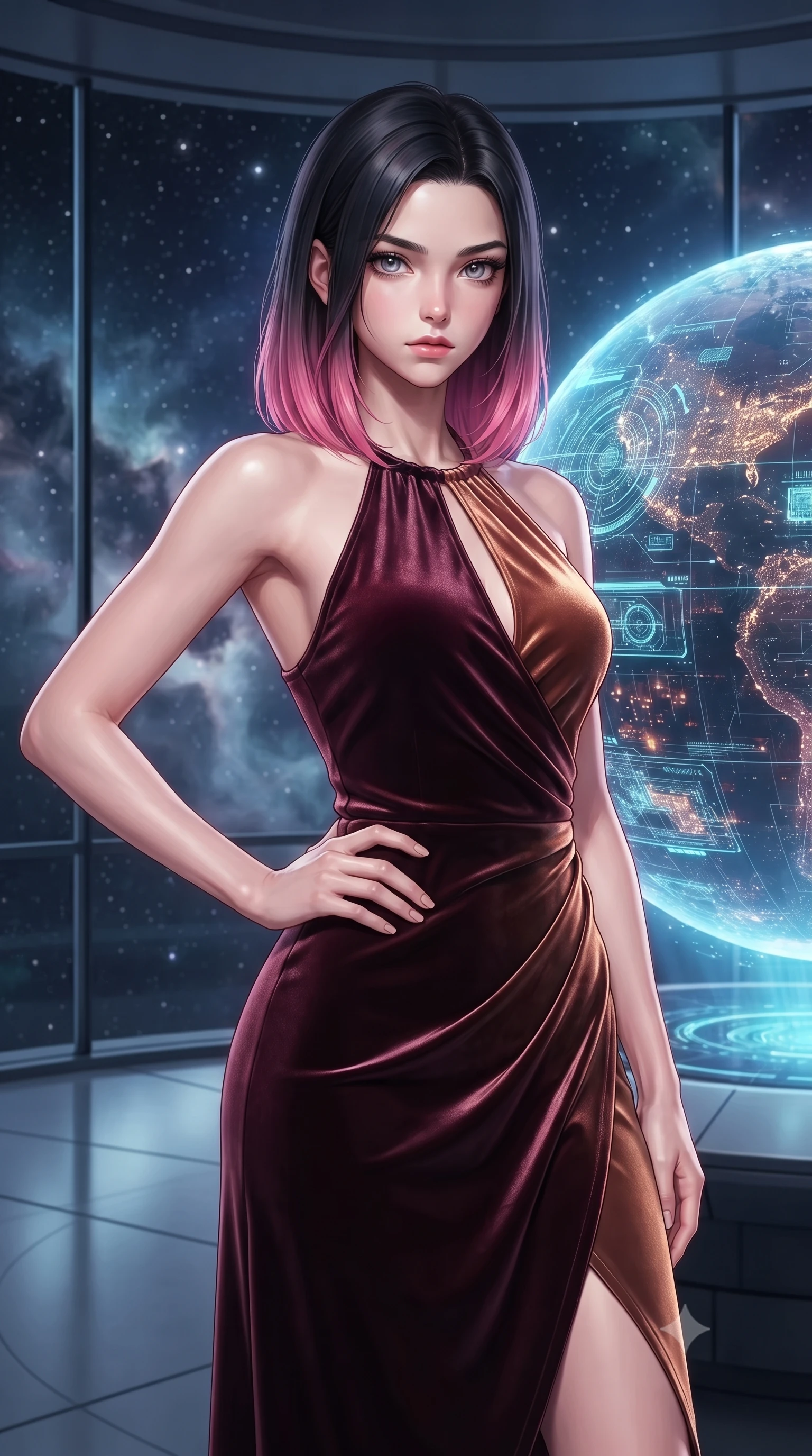 score_9, masterpiece, best quality, ultra-detailed, high-budget anime keyframe, editorial fashion photography, tasteful artistic composition, Korean woman. close-up cowboy shot from the waist and thighs up, the character dominates the composition, filling the frame with her large presence, background elements kept in soft focus. Holding a confident power pose with one hand on her hip, gazing directly into the camera with quiet intensity interacting with a giant glowing holographic globe of a cybernetic planet, starlight and cosmic nebula clouds glowing through the floor-to-ceiling glass. She has an exceptionally elegant, slender, and willowy female figure with an ultra-slim waist, a gracefully sculpted slender torso, and a refined silhouette. sharp v-shaped jawline, high-bridge nose, intricate jewel-like eyes with depth, thick eyelashes, glossy lips with a natural sheen. wearing a velvet halter-neck midi dress following her form like a glove in deep burgundy and bronze, crafted from lustrous satin jersey with fluid draping, accented with a Tasteful chest slit framing her clavicle gracefully, the sleek second-skin texture accentuating her magnetic presence. surrounded by a crisp high-tech illumination highlighting every sleek curve. highly saturated vibrant anime colors, detailed shading with soft gradients, rich glossy textures, high-contrast stereoscopic depth, volumetric dynamic lighting, master piece, 9:16 ratio