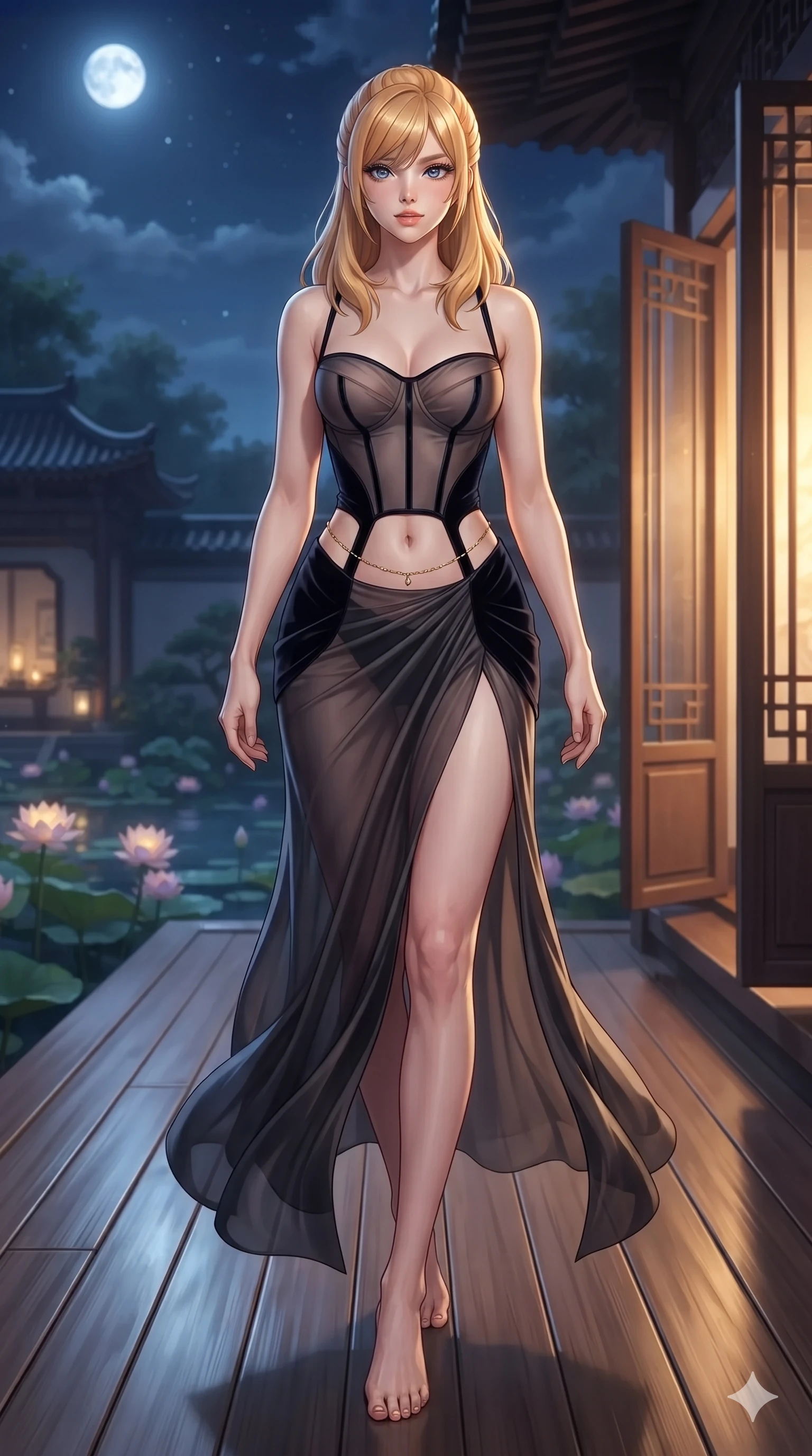 score_9, masterpiece, best quality, ultra-detailed, high-budget anime keyframe, editorial fashion photography, tasteful artistic composition, Caucasian woman. low angle full-body shot from head to toe showing her feet, filling the entire 9:16 vertical frame with her statuesque presence, stretching her vertical silhouette. stepping forward in a confident stride, her long slender legs and curvaceous hips creating a dynamic, sweeping vertical line while stepping slowly along the polished wooden decking with hypnotic grace, hips swaying in an alluring sensual rhythm that accentuates her curvy hourglass silhouette. The background shows a soft-focus tranquil royal water garden softened in atmospheric nocturnal shallow focus. She has an absolutely perfect, statuesque 8.5-heads proportion, an exceptionally tall and slender model-like female figure with impossibly long slender legs, an ultra-slim waist, a flat toned midriff, narrow delicate ribcage, and beautifully sculpted feminine hips creating a graceful, slim hourglass silhouette without any bulky heaviness. sharp v-shaped jawline, high-bridge nose, sparkling eyes with hypnotic seductive depth, thick curled eyelashes, glossy parted lips with a natural dewy peach sheen, alluring bedroom-eyes with an enchanting coquettish smile, exuding magnetic siren charisma and sophisticated glamour, flawlessly proportioned anatomical accuracy, strict slender model proportions, natural body alignment, perfectly sculpted long slender limbs, ultra-slim waistline, clean dynamic posture without body distortion. wearing a sheer-illusion mesh corset gown with strategic opaque velvet hanbok panels framing her waist and hips in liquid mercury chrome and deep ink black, made of liquid dark mercury jersey with seamless sculpting hold and fluid drape, finished with a dainty gold belly chain resting across her flat midriff and curving hips, the impeccably tailored cut draping gracefully along her slender figure with aristocratic eastern poise. bathed in soft celestial moonlight combined with warm golden light spilling through open veranda doors. ultra-reflective glossy finish, specular highlights, rich textural contrasts, high-contrast stereoscopic depth, volumetric dynamic lighting, 2k, ultra detail, master piece, 9:16 ratio