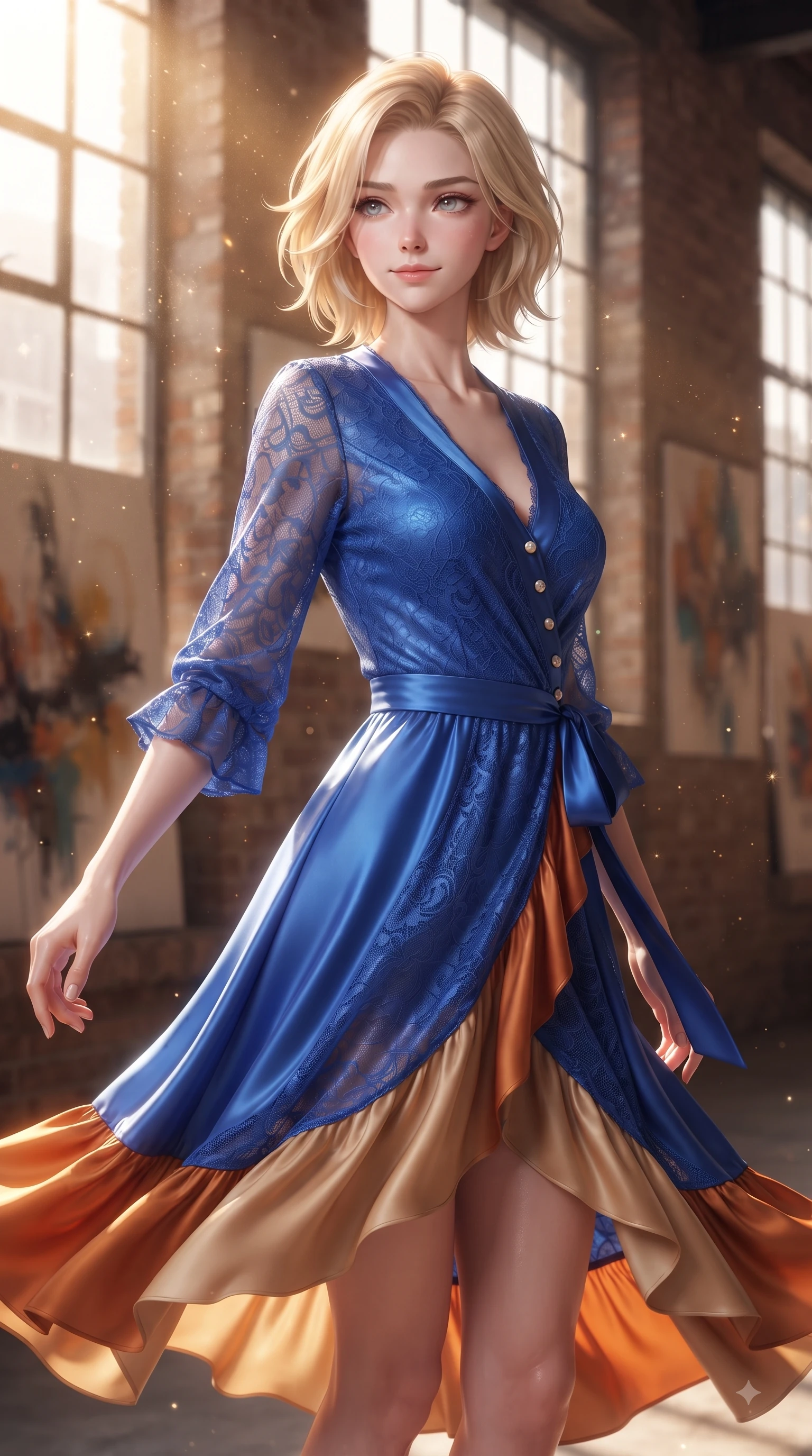 score_9, masterpiece, best quality, ultra-detailed, high-budget anime keyframe, editorial fashion photography, tasteful artistic composition, Caucasian woman. close-up cowboy shot from the waist and thighs up, the character dominates the composition, filling the frame with her large presence. Pure innocent expression with clear crystalline eyes, a gentle tender smile, and an airy serene aura while pivoting near a high factory window as volumetric dust motes sparkle in golden sunbeams. The composition keeps background elements in soft focus with dreamy bokeh. abstract artwork canvases and warm brick gallery walls blurred into cozy industrial bokeh. She has an exceptionally elegant, slender, and willowy female figure with an ultra-slim waist, a gracefully sculpted slender torso, and a refined silhouette. sharp v-shaped jawline, high-bridge nose, intricate jewel-like eyes with depth, thick eyelashes, glossy lips with a natural sheen, flawlessly proportioned anatomical accuracy, natural body alignment, perfectly sculpted elegant limbs, clean dynamic posture without body distortion. wearing an electric cobalt blue silk wrap dress with a graceful flowing hem in burnt orange and warm camel beige, made of fine lace weave and soft satin jersey, accented with delicate pearl buttons and refined ruffle trims, the fluid drape swaying gracefully with her dynamic editorial movement. bathed in warm volumetric sunbeams filtering through tall industrial windows. ultra-reflective glossy finish, specular highlights, metallic sheen, high-contrast stereoscopic depth, volumetric dynamic lighting, 2k, ultra detail, master piece, 9:16 ratio