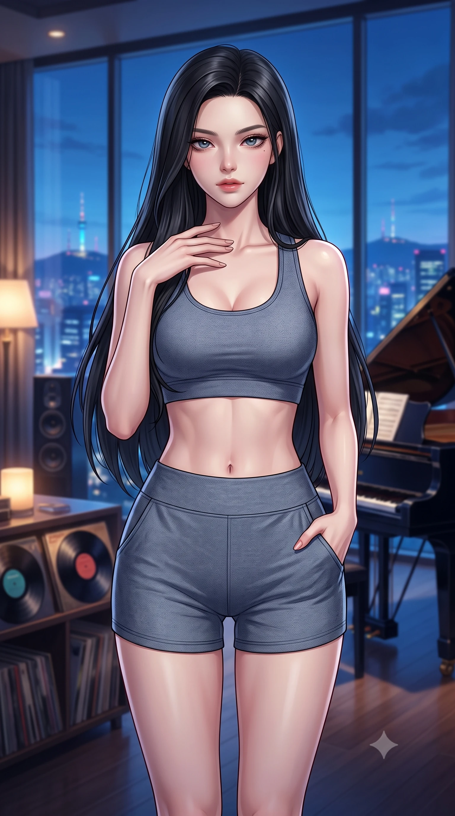 score_9, masterpiece, best quality, ultra-detailed, high-budget anime keyframe, editorial fashion photography, tasteful artistic composition, Korean woman. close-up cowboy shot from the waist and thighs up, the character dominates the composition, filling the frame with her large presence, background elements kept in soft focus. standing with one hand resting on her collarbone, looking at the viewer with bedroom-eyes the background shows a soft-focus a luxurious penthouse music room facing a panoramic midnight skyline. She has an exceptionally elegant, slender, and willowy female figure with an ultra-slim waist, a gracefully sculpted slender torso, and a refined silhouette. sharp v-shaped jawline, high-bridge nose, intricate jewel-like eyes with depth, thick eyelashes, glossy lips with a natural sheen. wearing a slim-fit body-hugging athletic crop top and high-waisted shorts set in slate grey. cool blue city twilight key light contrasting with warm interior ambient lamps. highly saturated vibrant anime colors, detailed shading with soft gradients, rich glossy textures, high-contrast stereoscopic depth, volumetric dynamic lighting, master piece, 9:16 ratio