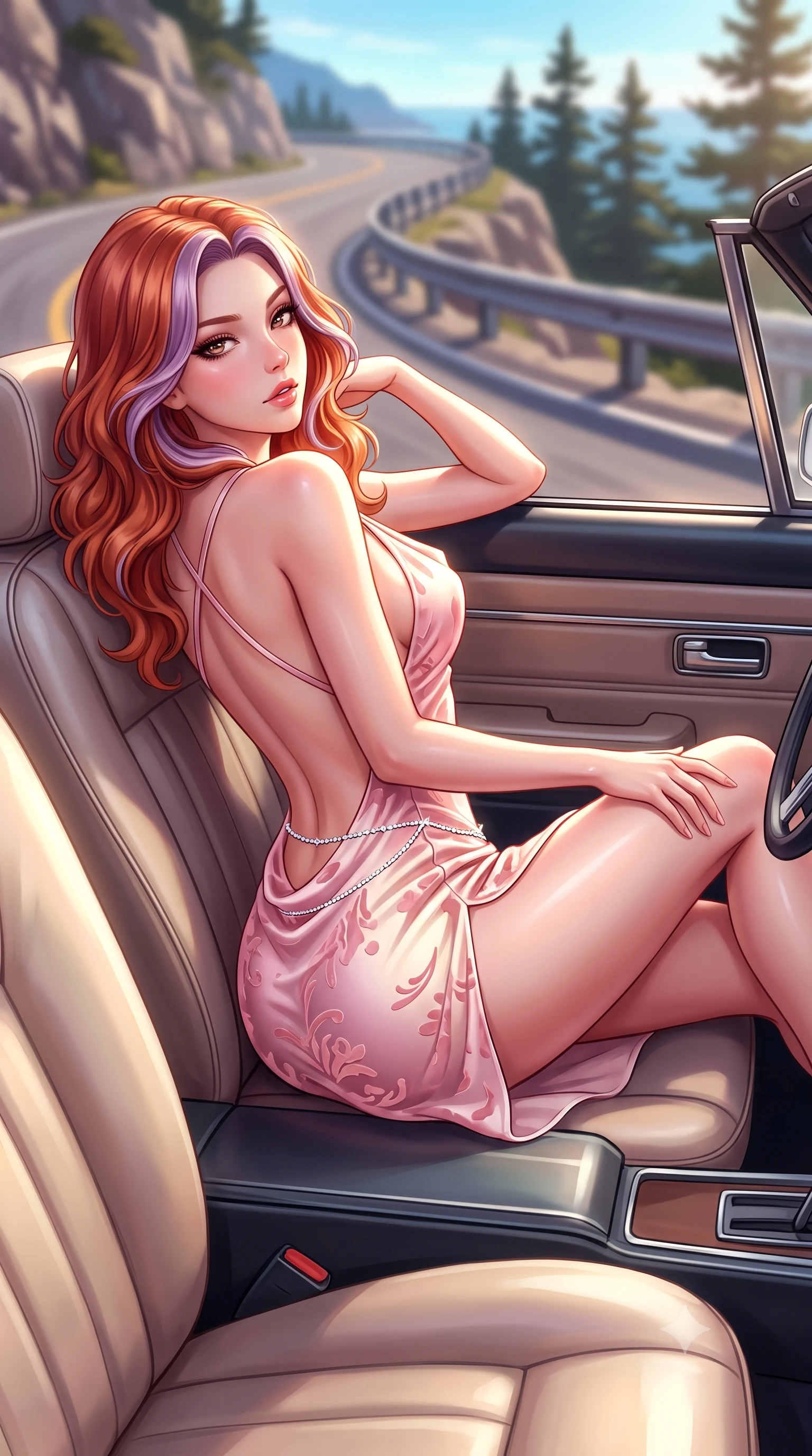score_9, masterpiece, best quality, ultra-detailed, high-budget anime keyframe, semi-realistic 3D game render, editorial fashion photography, tasteful artistic composition, Caucasian woman. close-up cowboy shot from the waist and thighs up, the character dominates the composition, filling the frame with her large presence. arching her spine backward with effortless dancer poise, one hand sliding along her hip line as directional light carves specular highlights along her silhouette while lounging languidly across the passenger leather seat propped on one elbow, long slender legs extended to accentuate her willowy yet curvy silhouette. The composition keeps background elements in soft focus with creamy bokeh. winding cliffside road barriers and coastal pine silhouettes softened in glamorous shallow focus. She has an exceptionally elegant, slender, and willowy female figure with an ultra-slim waist, flat toned midriff, narrow ribcage, and sculpted feminine hips creating an alluring, slim hourglass silhouette without bulk. sharp v-shaped jawline, high-bridge nose, intricate jewel-like eyes with depth, thick eyelashes, glossy parted lips with a natural sheen, intensely captivating and seductive bedroom-eyes expression, flawlessly proportioned anatomical accuracy, strict slender model proportions, natural body alignment, perfectly sculpted long slender limbs, ultra-slim waistline, clean dynamic posture without body distortion. wearing a backless cowl-neck satin slip dress featuring high-cut side hip slits and delicate criss-cross back straps in sakura blossom pink and warm ivory, made of sheer contouring power-mesh with velvet flocking patterns, accented with a dainty diamond waist chain catching the ambient light reflections, the dramatically scooped open back descending to the base of her spine, accentuating her razor-sharp statuesque lines and slim hourglass silhouette. illuminated by bright specular sun glints sharply carving her razor-sharp jawline, narrow waist, and curvy hips. highly saturated vibrant anime colors, detailed shading with soft gradients, rich glossy textures, high-contrast stereoscopic depth, volumetric dynamic lighting, master piece, 9:16 ratio