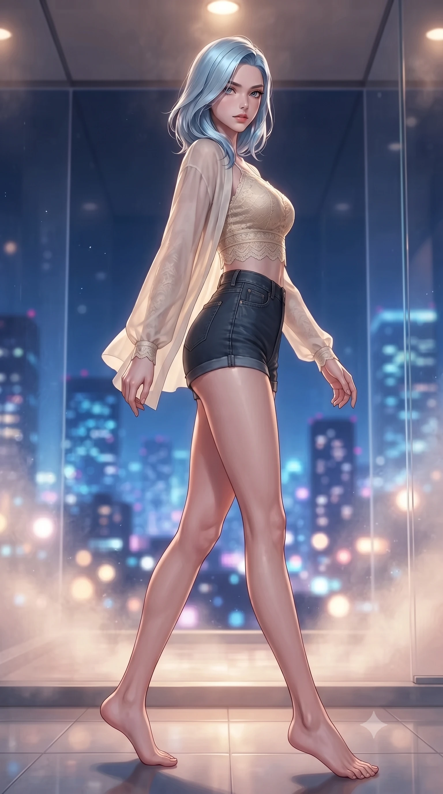 score_9, masterpiece, best quality, ultra-detailed, high-budget anime keyframe, editorial fashion photography, tasteful artistic composition, Korean woman woman. low angle full-body shot from head to toe showing her feet, filling the entire 9:16 vertical frame with her statuesque presence, stretching her vertical silhouette. stepping gracefully while looking back over her shoulder, her dress draped tightly to reveal her silhouette the background shows a soft-focus a high-rise private steam room with glass walls overlooking the city lights at night. She has an absolutely perfect, statuesque 8.5-heads proportion, an exceptionally tall and slender model-like female figure with impossibly long slender legs and an ultra-slim waist. sharp v-shaped jawline, high-bridge nose, intricate jewel-like eyes with depth, thick eyelashes, glossy lips with a natural sheen. wearing a body-hugging delicate lace crop top in cream, worn under a semi-opaque chiffon cardigan and denim shorts. glittering blue and violet city skyline lights contrasting with warm steam glow. ultra-reflective glossy finish, specular highlights, metallic sheen, high-contrast stereoscopic depth, volumetric dynamic lighting, 2k, ultra detail, master piece, 9:16 ratio