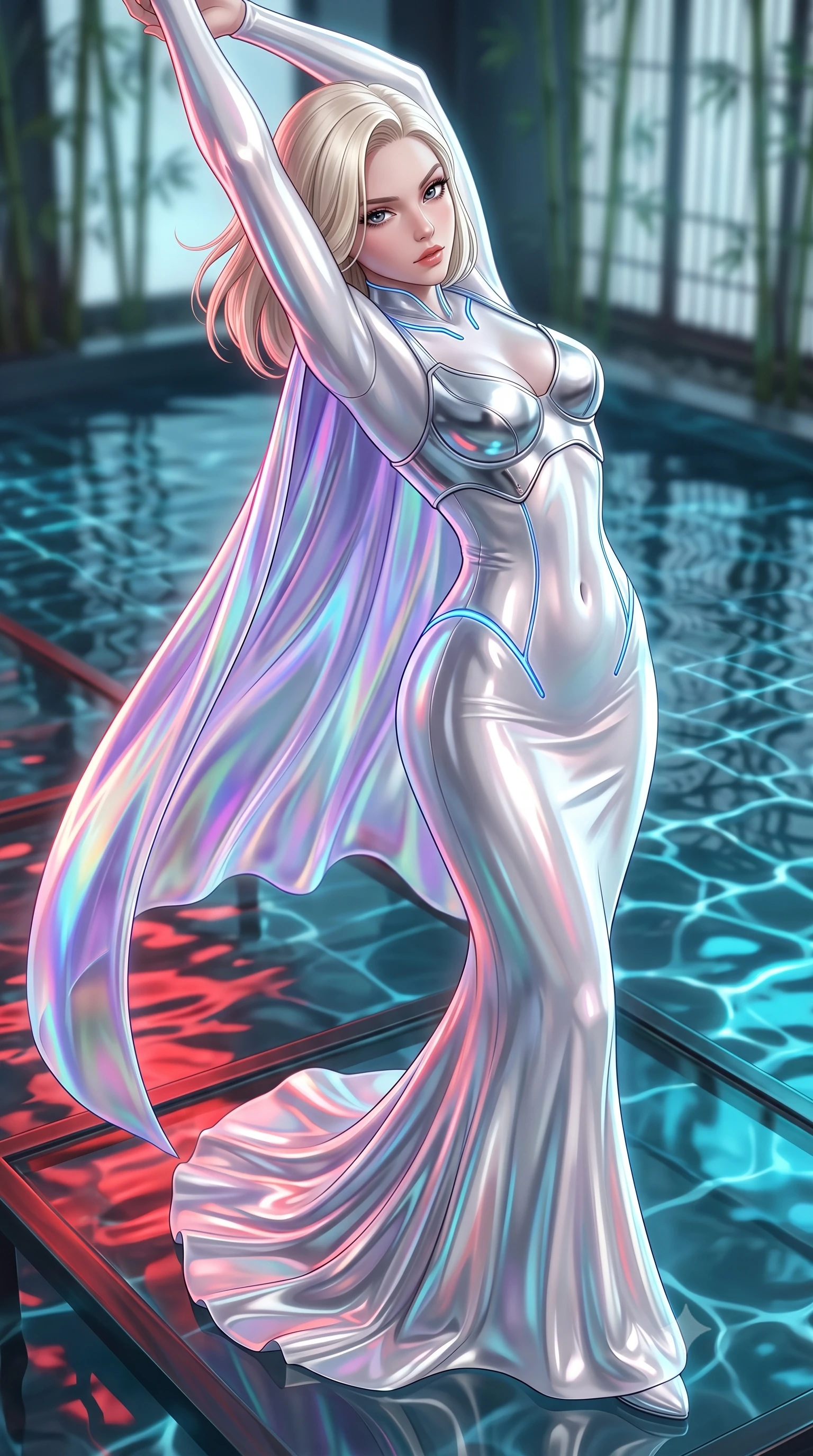 score_9, masterpiece, best quality, ultra-detailed, high-budget anime keyframe, semi-realistic 3D game render, editorial fashion photography, tasteful artistic composition, Caucasian woman. close-up cowboy shot from the waist and thighs up, the character dominates the composition, filling the frame with her large presence. stretching forward with an alluring arch of her spine, glancing over her shoulder with divine self-assurance and magnetic intensity while arching her back in a fluid motion on a submerged glass walkway catching dramatic scarlet and cyan reflections. The composition keeps background elements in soft focus with creamy bokeh. digital water ripple grids and distant bamboo cyber-screens softened by shallow depth of field. She has an exceptionally elegant, slender, and willowy female figure with an ultra-slim waist, a gracefully sculpted slender torso, toned flat midriff, and a refined slim silhouette. sharp v-shaped jawline, high-bridge nose, intricate jewel-like eyes with depth, thick eyelashes, glossy lips with a natural sheen, flawlessly proportioned anatomical accuracy, strict slender model proportions, natural body alignment, perfectly sculpted long slender limbs, ultra-slim waistline, clean dynamic posture without body distortion. wearing a form-contouring white liquid-mercury gown with polished silver biomechanical breastplate and flowing luminescent chiffon cape in iridescent holographic chrome with prism violet highlights, crafted from ultra-reflective second-skin liquid metal with a mirror-like polish, accented with glowing fiber-optic seams tracing her collarbones and hip curves, the form-contouring material adhering flawlessly to her sculpted flat midriff and slender torso, emphasizing her long leg lines and perfectly proportioned willowy build. illuminated by crisp specular highlights tracing her sculpted flat midriff, waist, and long slender legs. rich saturated anime colors with glowing neon highlights, detailed shading with soft gradients, rich glossy textures, high-contrast stereoscopic depth, volumetric dynamic lighting, master piece, 9:16 ratio