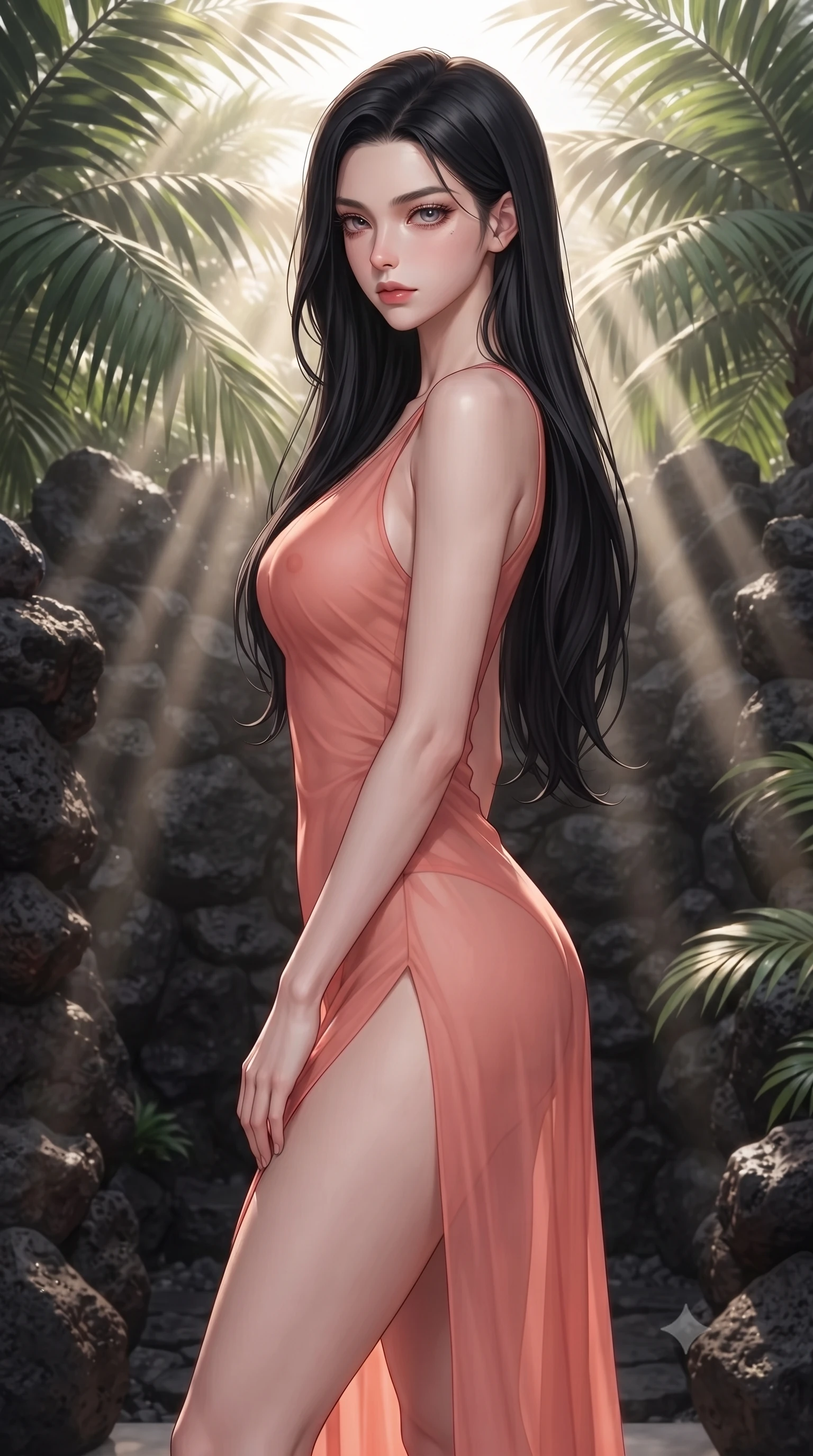score_9, masterpiece, best quality, ultra-detailed, high-budget anime keyframe, editorial fashion photography, tasteful artistic composition, Korean woman. close-up cowboy shot from the waist and thighs up, the character dominates the composition, filling the frame with her large presence, background elements kept in soft focus. turning her face in sharp profile, casting a cold, mysterious, yet intensely alluring side gaze, the background shows a soft-focus a tropical outdoor villa shower built of volcanic rocks, surrounded by large palm leaves. She has an exceptionally elegant, slender, and willowy female figure with an ultra-slim waist, a gracefully sculpted slender torso, and a refined silhouette. sharp v-shaped jawline, high-bridge nose, intricate jewel-like eyes with depth, thick eyelashes, glossy lips with a natural sheen. wearing a form-contouring high-slit sheer chiffon resort dress in soft coral, revealing the contours of her athletic build through the fabric. sun rays slicing through the palm fronds, creating dramatic volumetric shafts of light. ultra-reflective glossy finish, specular highlights, metallic sheen, high-contrast stereoscopic depth, volumetric dynamic lighting, 2k, ultra detail, master piece, 9:16 ratio