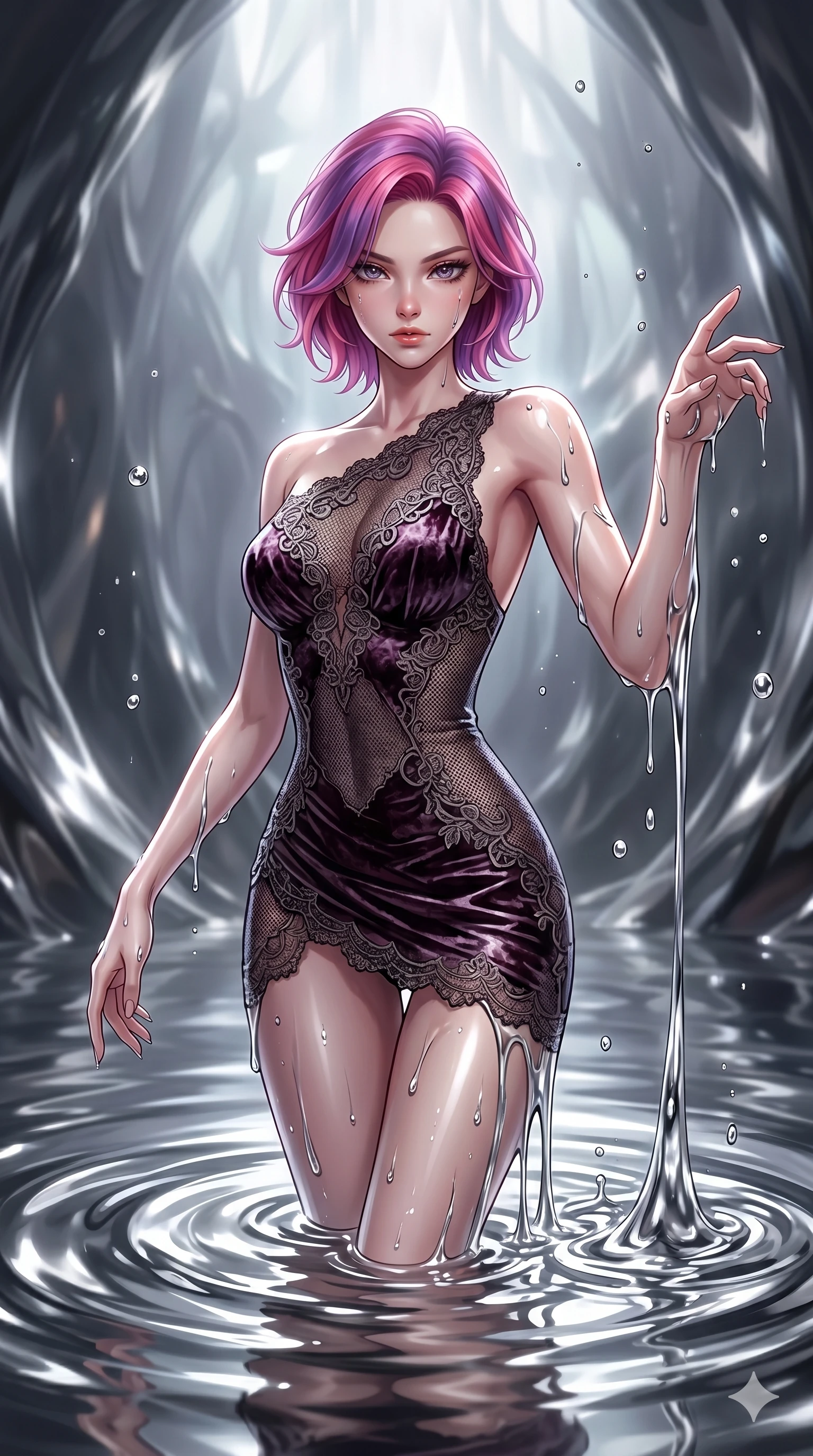 score_9, masterpiece, best quality, ultra-detailed, High-budget Anime Keyframe, East Asian woman. Dynamic full-body shot stretching the vertical silhouette to the limit. Scenario 84: Rising from a pool of mercury-like liquid, droplets rolling off her skin. Her presence is magnetic and overpowering in this high-budget anime scene. Outfit 84: A crushed dark velvet micro-mesh with a low-cut shoulder and delicate lace embroidery. The clothing is designed to emphasize her exceptionally tall and slender 8-heads proportion. 8-heads proportion, towering silhouette, ultra-slim waist. sharp v-shaped jawline, intricate jewel-like eyes with depth, thick eyelashes, glossy lips. 2k, ultra detail, master piece, 9:16 ratio