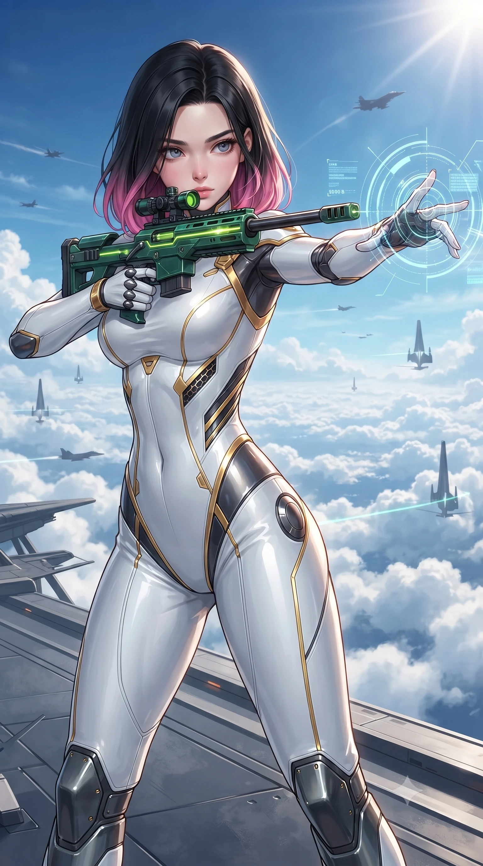 score_9, masterpiece, best quality, ultra-detailed, high-budget anime keyframe, editorial fashion photography, tasteful artistic composition, Korean woman. close-up cowboy shot from the waist and thighs up, the character dominates the composition, filling the frame with her large presence. extending one arm gracefully as glowing holographic targeting reticles and data streams orbit her fingertips with sovereign power while standing at the carrier prow overlooking an endless sea of white clouds with funnel blades hovering in deadly symmetry. The surrounding environment is rendered in vivid detail and crisp panoramic clarity. intricate carbon-fiber commander suit embroidery, distant cloud vapor crests, and aircraft silhouettes in high clarity. She has an exceptionally elegant, slender, and willowy female figure with an ultra-slim waist, a gracefully sculpted slender torso, toned flat midriff, and a refined slim silhouette. sharp v-shaped jawline, high-bridge nose, intricate jewel-like eyes with depth, thick eyelashes, glossy lips with a natural sheen, flawlessly proportioned anatomical accuracy, strict slender model proportions, natural body alignment, perfectly sculpted long slender limbs, ultra-slim waistline, clean dynamic posture without body distortion. wearing a form-contouring arctic white carbon-composite battle-suit with solar gold trim and diagonal midriff vents, aiming a precision carbon-fiber railgun sniper rifle with divine focus in emerald green carbon composite with glowing lime laser channels, formed from high-gloss patent carbon-plating with specular chiaroscuro reflections, finished with high-mobility articulation joints and miniature magnetic armor locks, the glove-like aerodynamic second-skin fit tightly clinging to her ultra-slender waist and athletic curves without adding bulk, accentuating her razor-sharp statuesque lines and slim hourglass silhouette. bathed in dazzling high-noon sunlight and rich sky-blue ambient bounce light. ultra-reflective glossy finish, specular highlights, dark metallic sheen, high-contrast stereoscopic depth, volumetric dynamic lighting, 2k, ultra detail, master piece, 9:16 ratio
