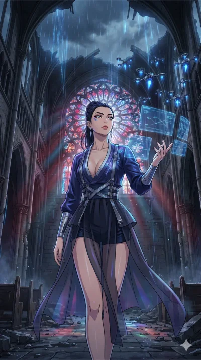 score_9, masterpiece, best quality, ultra-detailed, high-budget anime movie keyframe, cinematic anime lighting, intricate line art, Japanese woman. Low angle cowboy shot filling the entire 9:16 frame with her statuesque presence. commanding a drone s
