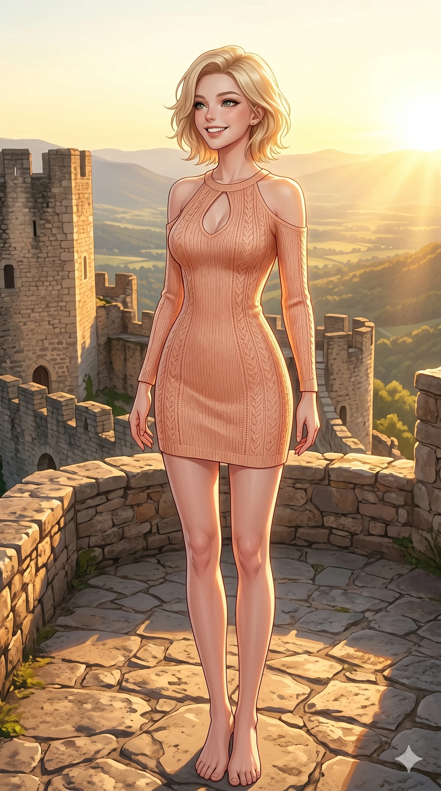 score_9, masterpiece, best quality, ultra-detailed, high-budget anime keyframe, editorial fashion photography, tasteful artistic composition, Caucasian woman, strictly human ears. cowboy shot from the thighs up, character and outfit filling the frame for maximum editorial presence. looking out at the valley with a bright, inspired smile and happy eyes standing on a stone viewing deck of a castle on a hill. She has an absolutely perfect 8-heads proportion, an exceptionally tall and slender female figure with impossibly long slender legs and an ultra-slim waist. V-shaped jawline, high-bridge nose, intricate jewel-like eyes with depth, thick eyelashes, glossy lips with a natural sheen. wearing a peach-colored knit dress with an elegant keyhole cutout and bare shoulders. drenched in brilliant afternoon sunshine casting warm rays over the castle ruins. 2k, ultra detail, master piece, 9:16 ratio