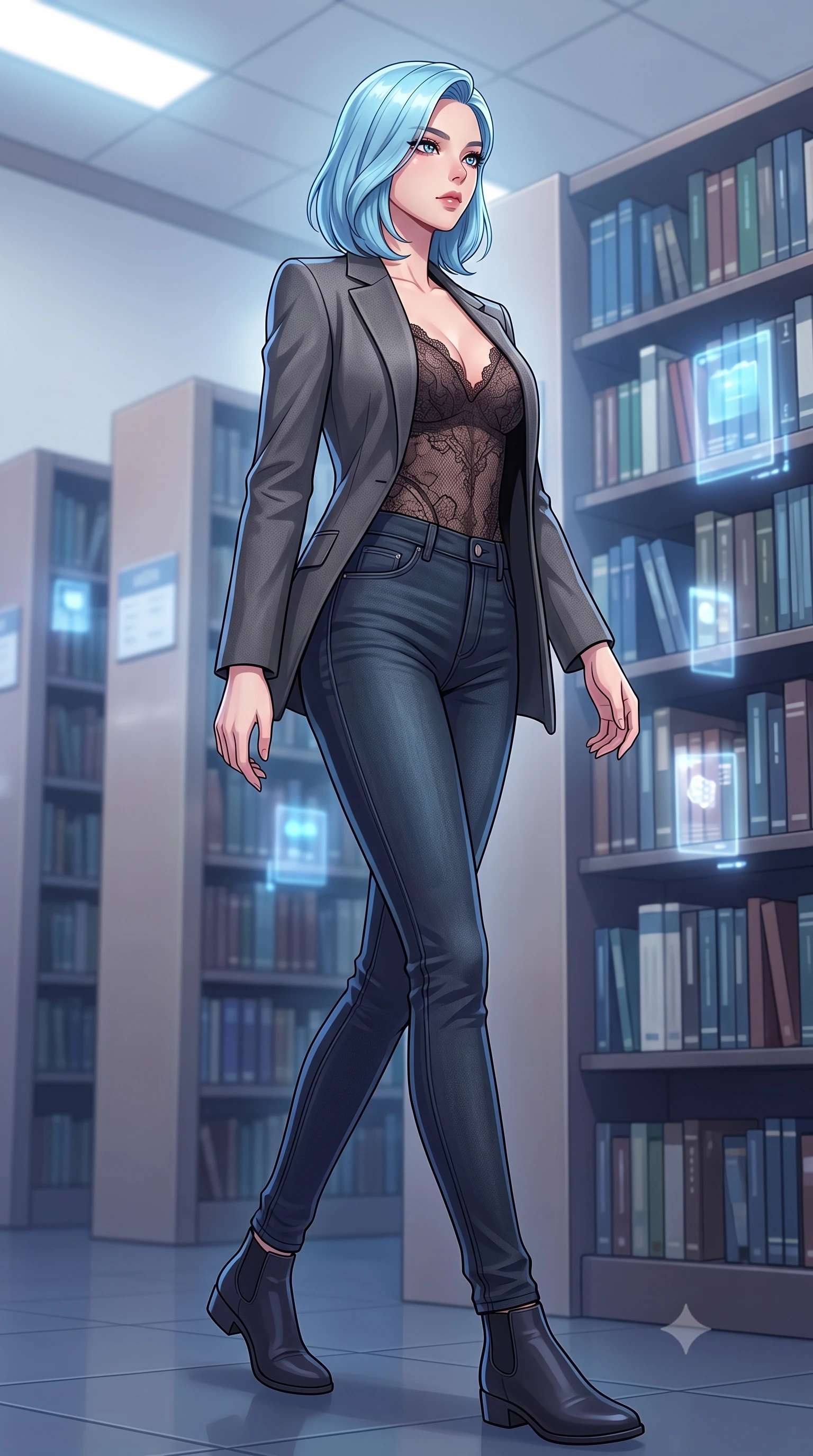 score_9, masterpiece, best quality, ultra-detailed, high-budget anime keyframe, tasteful artistic composition, Korean woman. low angle full-body shot from head to toe showing her feet, filling the entire 9:16 vertical frame with her statuesque presence, stretching her vertical silhouette. stepping gracefully while looking back over her shoulder, her dress draped tightly to reveal her silhouette the background shows a soft-focus a quiet library archives room with digital books emitting soft holograms. She has an absolutely perfect, statuesque 8.5-heads proportion, an exceptionally tall and slender model-like female figure with impossibly long slender legs and an ultra-slim waist. sharp v-shaped jawline, high-bridge nose, intricate jewel-like eyes with depth, thick eyelashes, glossy lips with a natural sheen. wearing a slim-fit semi-opaque dark lace bodysuit worn under a tailored open blazer and jeans. soft white and blue glow casting an intelligent, mysterious ambiance. highly saturated vibrant anime colors, cel-shading, 2d style, master piece, 9:16 ratio