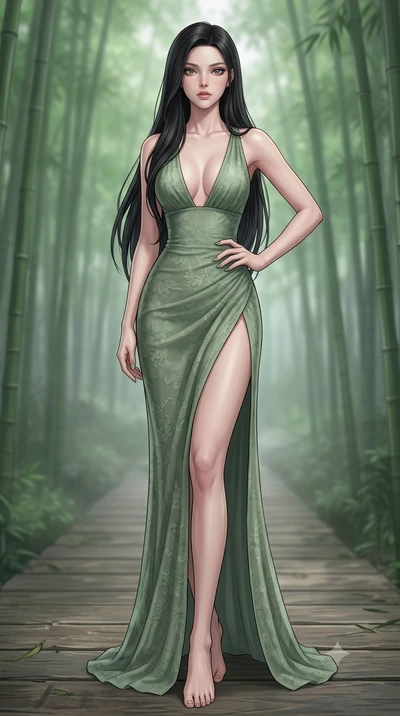 score_9, masterpiece, best quality, ultra-detailed, high-budget anime keyframe, editorial fashion photography, tasteful artistic composition, Korean woman woman. low angle full-body shot from head to toe showing her feet, filling the entire 9:16 vert