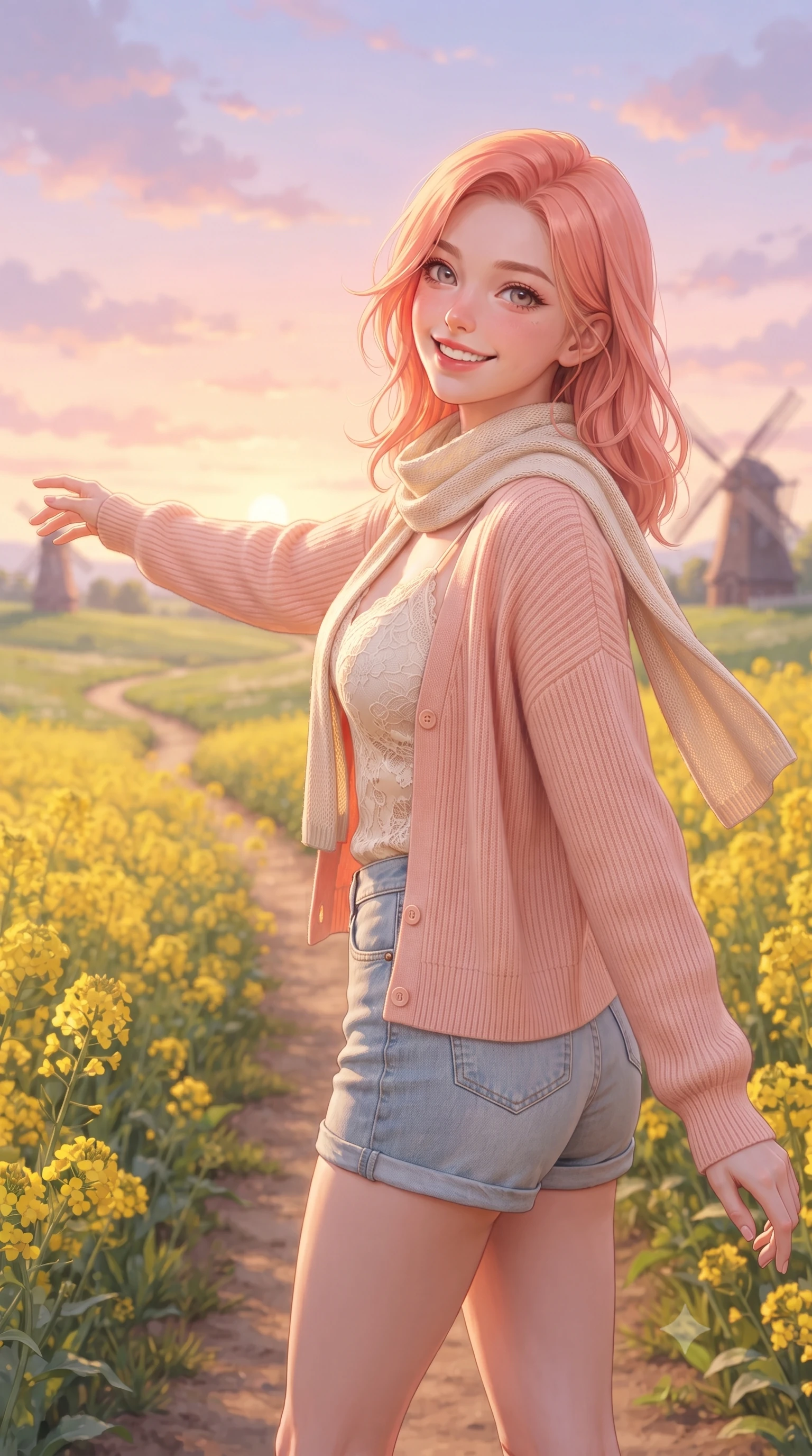 score_9, masterpiece, best quality, ultra-detailed, high-budget anime keyframe, editorial fashion photography, tasteful artistic composition, Japanese woman. close-up cowboy shot from the waist and thighs up, the character dominates the composition, filling the frame with her large presence. extending one arm gracefully toward the scenery while turning back with an infectious, heartwarming smile while walking gracefully along a winding dirt path bordered by golden canola blooms as the sunset paints the sky in pastel hues. The composition keeps background elements in soft focus with creamy bokeh. rolling green meadows and distant rustic windmills softened in dreamy shallow focus. She has an exceptionally elegant, slender, and willowy female figure with an ultra-slim waist, a gracefully sculpted slender torso, toned flat midriff, and a refined slim silhouette. sharp v-shaped jawline, high-bridge nose, intricate jewel-like eyes with depth, thick eyelashes, glossy lips with a natural sheen, pure and lovely fresh girlhood expression, flawlessly proportioned anatomical accuracy, strict slender model proportions, natural body alignment, perfectly sculpted long slender limbs, ultra-slim waistline, clean dynamic posture without body distortion. wearing a soft pastel ribbed knit cardigan worn over a delicate cream lace camisole and light-wash denim shorts in warm peach blossom pink and champagne ivory, knitted from ultra-soft cozy baby-cashmere yarn, finished with a lightweight knitted scarf draped loosely around her neck, the body-hugging lightweight knit clinging delicately to her slender torso, accentuating her graceful neck and feminine lines. surrounded by a heartwarming, radiant, and delightfully sunny countryside princess aura. ultra-reflective glossy finish, specular highlights, rich natural textures, high-contrast stereoscopic depth, volumetric dynamic lighting, 2k, ultra detail, master piece, 9:16 ratio