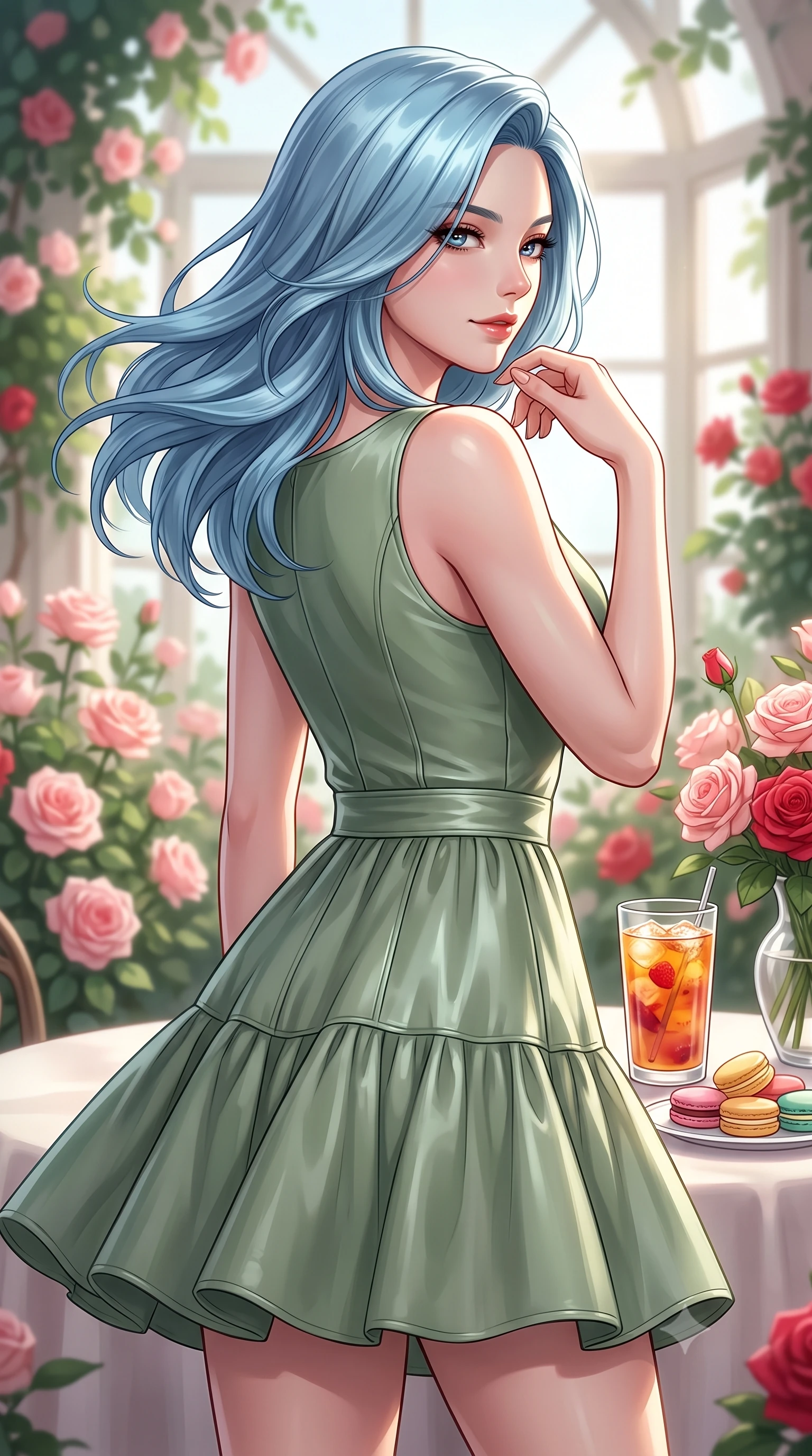 score_9, masterpiece, best quality, ultra-detailed, high-budget anime keyframe, editorial fashion photography, tasteful artistic composition, Korean woman. close-up cowboy shot from the waist and thighs up, the character dominates the composition, filling the frame with her large presence, background elements kept in soft focus. glancing sidelong over her shoulder with an intoxicating, lingering stare and a subtle, knowing smile set against a soft-focus background of inside an exclusive rose conservatory with a glass of iced fruit tea and delicate macaron pastries arranged on the table. She has an exceptionally elegant, slender, and willowy female figure with an ultra-slim waist, a gracefully sculpted slender torso, and a refined silhouette. sharp v-shaped jawline, high-bridge nose, intricate jewel-like eyes with depth, thick eyelashes, glossy lips with a natural sheen. wearing tailored sage green glossy leather flowy linen sundress with a comfortable tiered skirt silhouette featuring refined tailored seams. accented by a single dramatic key light highlighting her statuesque posture and slim waist. highly saturated vibrant anime colors, detailed shading with soft gradients, rich glossy textures, high-contrast stereoscopic depth, volumetric dynamic lighting, master piece, 9:16 ratio