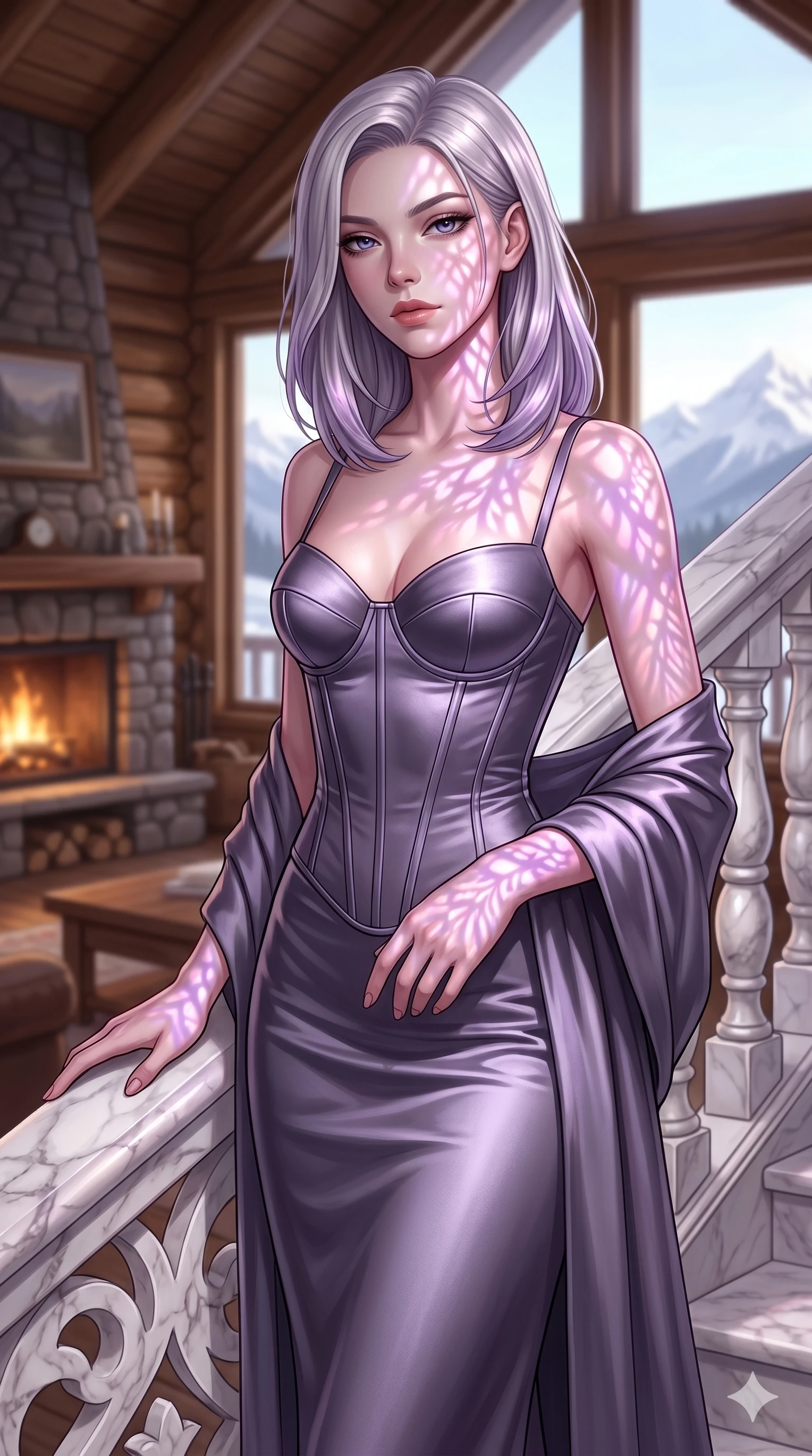 score_9, masterpiece, best quality, ultra-detailed, high-budget anime keyframe, editorial fashion photography, tasteful artistic composition, Caucasian woman, strictly human ears. cowboy shot from the thighs up, character and outfit filling the frame for maximum editorial presence. resting one hand on the marble railing, looking with quiet superiority inside a cozy mountain log cabin (Code-P17-165). She has an absolutely perfect 8-heads proportion, an exceptionally tall and slender female figure with impossibly long slender legs and an ultra-slim waist. V-shaped jawline, high-bridge nose, intricate jewel-like eyes with depth, thick eyelashes, glossy lips with a natural sheen. wearing a structured satin structured bodice showing her sculpted contours and a fine wrap. drenched in brilliant morning sunshine, casting violet-pink patterns on her skin. 2k, ultra detail, master piece, 9:16 ratio