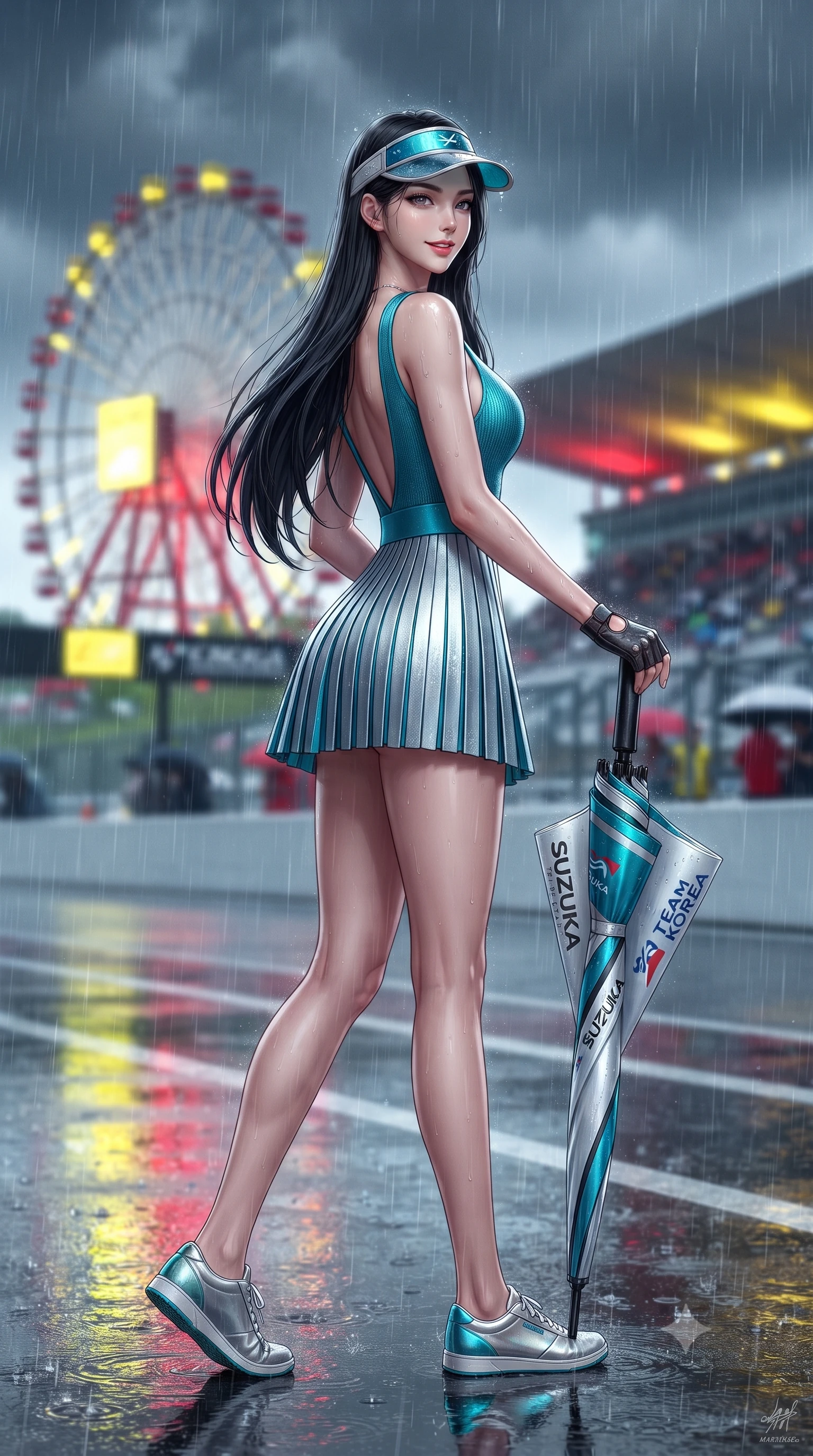 score_9, masterpiece, best quality, ultra-detailed, high-budget anime keyframe, editorial fashion photography, tasteful artistic composition, Korean woman. low angle full-body shot from head to toe showing her feet, filling the entire 9:16 vertical frame with her statuesque presence, stretching her vertical silhouette. walking slowly along the clay court baseline, looking back over her shoulder with an air of effortless grace and an alluring, smoldering smile while striding purposefully along the wet pit lane holding an oversized team umbrella, hips swaying in an alluring kinetic rhythm that accentuates her curves. The background shows a soft-focus the iconic Suzuka Ferris wheel and main grandstand blurred into vibrant yellow, red, and stormy charcoal bokeh through falling rain. She has an absolutely perfect, statuesque 8.5-heads proportion, an exceptionally tall and slender model-like female figure with impossibly long slender legs, an ultra-slim waist, a flat toned midriff, narrow delicate ribcage, and beautifully sculpted feminine hips creating a graceful, slim hourglass silhouette without any bulky heaviness. sharp v-shaped jawline, high-bridge nose, sparkling eyes with athletic focus and depth, thick curled eyelashes, glossy parted lips with a natural coral-peach sheen, bright confident and coquettish smile with alluring bedroom-eyes, exuding both youthful sporty vigor and sovereign high-society glamour, flawlessly proportioned anatomical accuracy, strict slender model proportions, natural body alignment, perfectly sculpted long slender limbs, ultra-slim waistline, clean dynamic posture without body distortion. wearing a deep V-neck knit tennis dress with an open-back scoop and knife-pleated skirt tracing her narrow waist and hips in metallic liquid silver and electric cyan, tailored from crisp cotton poplin with clean aerodynamic structural lines, accented with a sporty retro tennis visor and fingerless leather driving gloves, the glove-like aerodynamic silhouette tightly following the natural contour of her hips and long slender legs with youthful 8.5-heads elegance. illuminated by wet ground mirror reflections and sharp platinum rim lights carving her razor-sharp jawline, narrow waist, and curvy hips. ultra-reflective glossy finish, specular highlights, rich textural contrasts, high-contrast stereoscopic depth, volumetric dynamic lighting, 2k, ultra detail, master piece, 9:16 ratio
