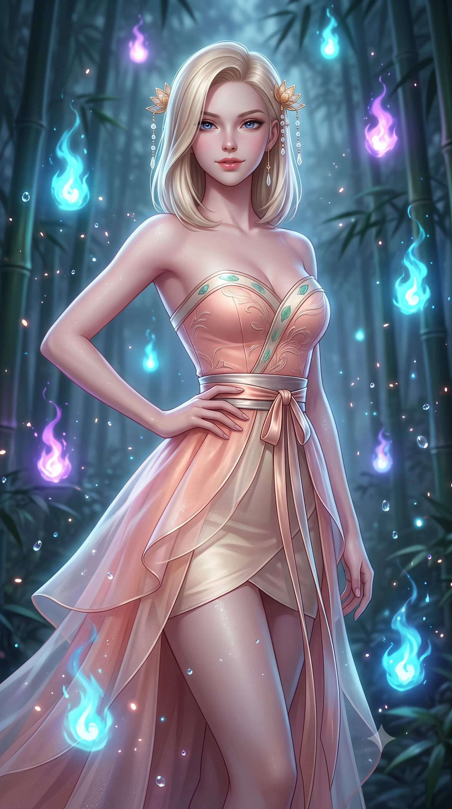 score_9, masterpiece, best quality, ultra-detailed, high-budget anime keyframe, semi-realistic 3D game render, editorial fashion photography, tasteful artistic composition, Caucasian woman. close-up cowboy shot from the waist and thighs up, the character dominates the composition, filling the frame with her large presence. smiling with subtle, enchanting allure and glossy parted lips, one hand resting on her waist with effortless supermodel poise while gliding silently through a dense, mist-veiled bamboo forest illuminated by floating cyan and amethyst will-o'-the-wisp spirit flames. The composition keeps background elements in soft focus with creamy bokeh. sparkling spirit flame embers and floating moisture droplets scattering enchanting light motes. She has an exceptionally elegant, slender, and willowy female figure with an ultra-slim waist, a gracefully sculpted slender torso, toned flat midriff, and a refined slim silhouette. sharp v-shaped jawline, high-bridge nose, intricate jewel-like eyes with depth, thick eyelashes, glossy lips with a natural sheen, captivating and magnetic expression, flawlessly proportioned anatomical accuracy, strict slender model proportions, natural body alignment, perfectly sculpted long slender limbs, ultra-slim waistline, clean dynamic posture without body distortion. wearing a jade-inlaid silk bustier dress with multi-tiered translucent organza train and metallic sash in soft peach blossom pink and warm ivory, woven from fine mulberry silk with metallic thread embroidery, finished with delicate golden lotus hairpins and dangling crystal beads, the glove-like aerodynamic second-skin fit tightly clinging to her ultra-slender waist and athletic curves without adding bulk, accentuating her razor-sharp statuesque lines and slim hourglass silhouette. bathed in magical cyan spirit flame luminescence and soft moonlit fog fill. highly saturated vibrant anime colors, detailed shading with soft gradients, rich glossy textures, high-contrast stereoscopic depth, volumetric dynamic lighting, master piece, 9:16 ratio