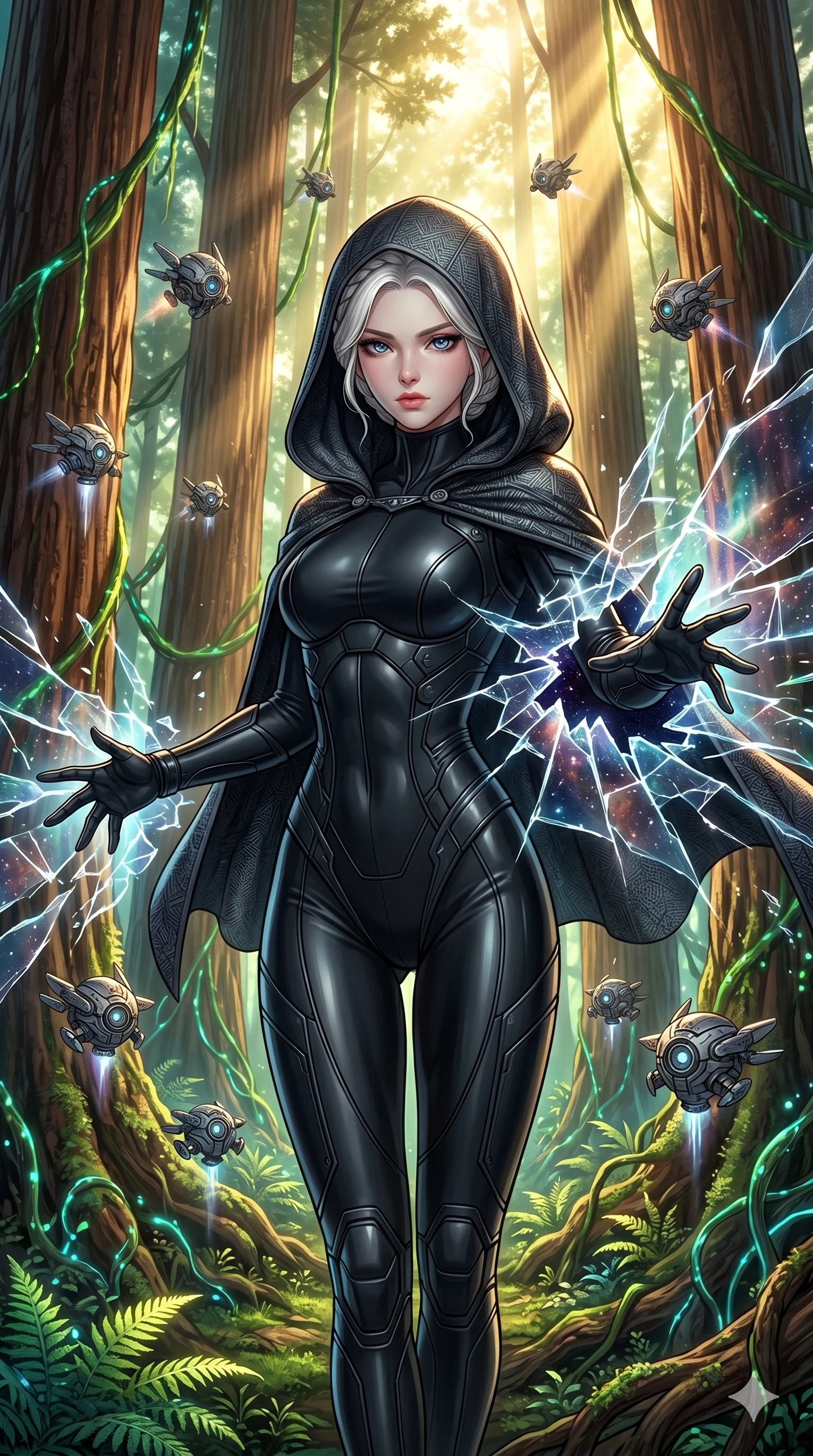 score_9, masterpiece, best quality, ultra-detailed, Set A: High-budget Anime Keyframe, Korean woman. Upper body close-up from the thighs up, character filling the screen for maximum presence. Theme: Primal Nature. shattering the fabric of reality in a giant redwood forest with glowing vines, surrounded by 9 hovering guardian drones. The atmosphere is filled with cinematic sunlight through leaves. She has an absolutely perfect 8-heads proportion, an exceptionally tall and slender female figure with impossibly long slender legs and an ultra-slim waist. Sharp v-shaped jawline, high-bridge nose, intricate jewel-like eyes with depth, glossy lips. Wearing Tech-assassin gear with a hooded cloak and a form-fitting matte black latex suit. Cinematic lighting, vivid colors, dramatic shadows, 2k, ultra detail, master piece, 9:16 ratio