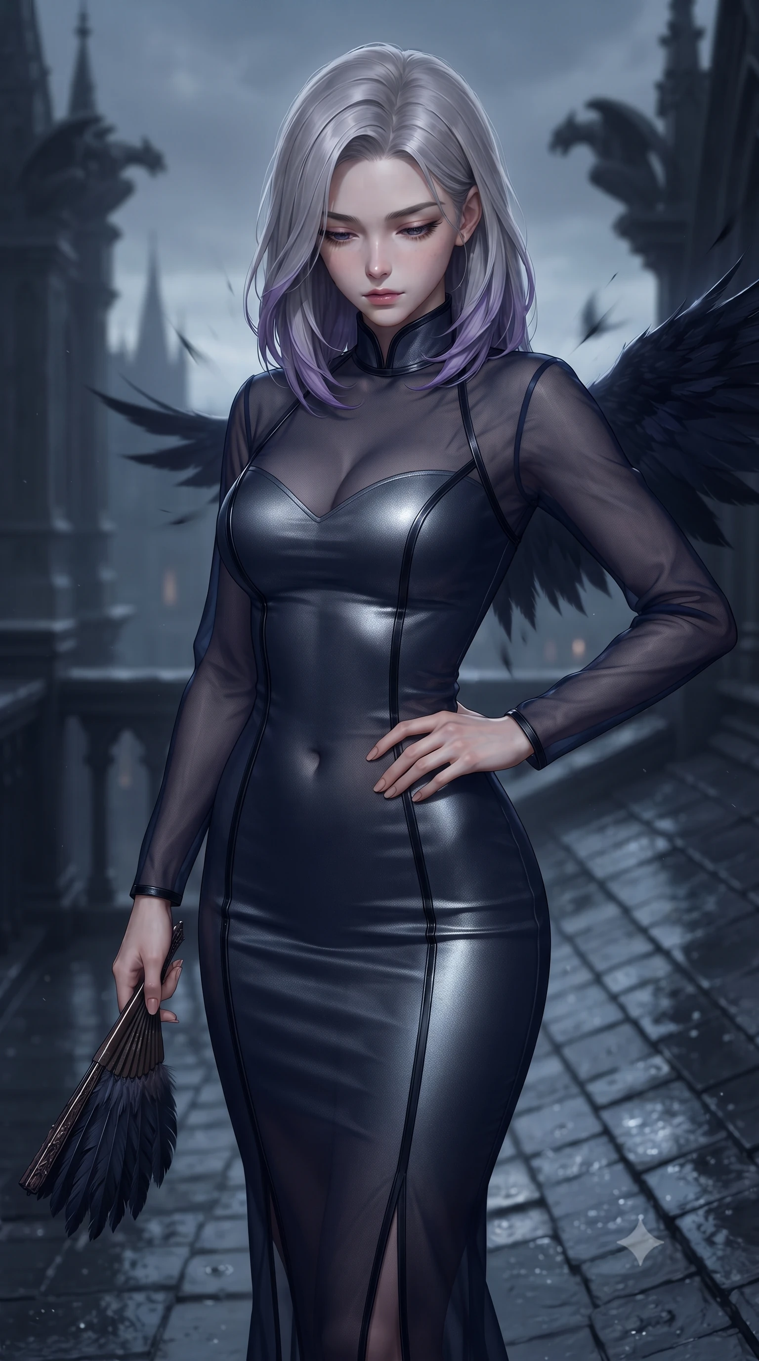 score_9, masterpiece, best quality, ultra-detailed, high-budget anime keyframe, editorial fashion photography, tasteful artistic composition, Caucasian woman. close-up cowboy shot from the waist and thighs up, the character dominates the composition, filling the frame with her large presence, background elements kept in soft focus. Looking down with lowered lashes and a composed, powerful dark aura, navigating a shadowy manor rooftop with dark slate tiles glistening from rain, deep obsidian and slate gray color tones defining the atmospheric scene. She has an exceptionally elegant, slender, and willowy female figure with an ultra-slim waist, a gracefully sculpted slender torso, and a refined silhouette. sharp v-shaped jawline, high-bridge nose, intricate jewel-like eyes with depth, thick eyelashes, glossy lips with a natural sheen. wearing aerodynamic second-skin dark silver metallic bodycon dress in midnight navy blue, made of sheer dark organza overlay, adorned with minimalist black onyx hardware framing the silhouette, contouring every curve with an exceptionally elegant silhouette. surrounded by a mysterious gothic raven aura with sharp edge lighting. ultra-reflective glossy finish, specular highlights, metallic sheen, high-contrast stereoscopic depth, volumetric dynamic lighting, 2k, ultra detail, master piece, 9:16 ratio