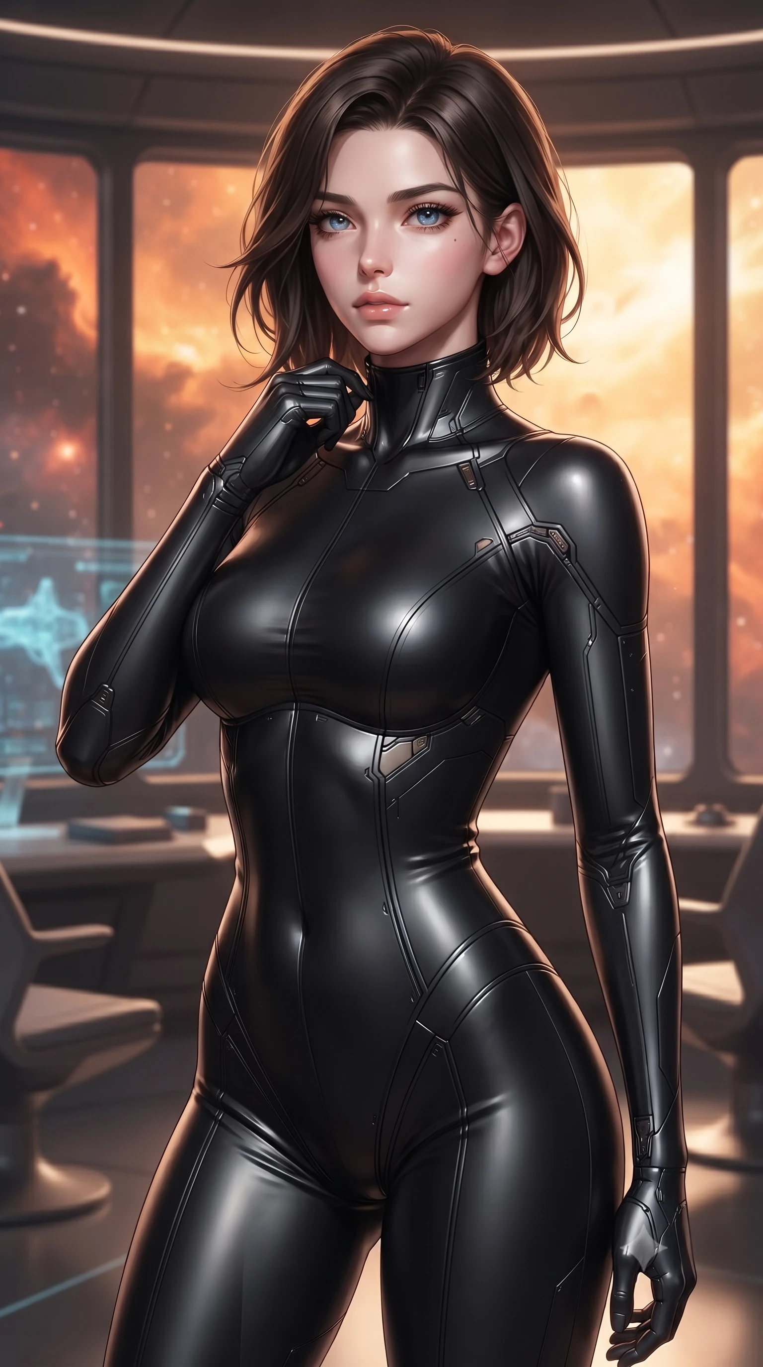 score_9, masterpiece, best quality, ultra-detailed, high-budget anime keyframe, editorial fashion photography, tasteful artistic composition, Korean woman. close-up cowboy shot from the waist and thighs up, the character dominates the composition, filling the frame with her large presence, background elements kept in soft focus. adjusting the high collar of her body-hugging suit, looking past the camera with quiet, sharp focus and a composed expression, the background shows a soft-focus an officers' mess room with floor-to-ceiling windows showing a nebula sunrise. She has an exceptionally elegant, slender, and willowy female figure with an ultra-slim waist, a gracefully sculpted slender torso, and a refined silhouette. sharp v-shaped jawline, high-bridge nose, intricate jewel-like eyes with depth, thick eyelashes, glossy lips with a natural sheen. wearing a form-contouring form-fitting cybernetic combat suit in matte black latex, tracing her willowy silhouette with a high neck. dramatic dual-tone orange and soft yellow sunrays painting the cabin in warmth. ultra-reflective glossy finish, specular highlights, metallic sheen, high-contrast stereoscopic depth, volumetric dynamic lighting, 2k, ultra detail, master piece, 9:16 ratio