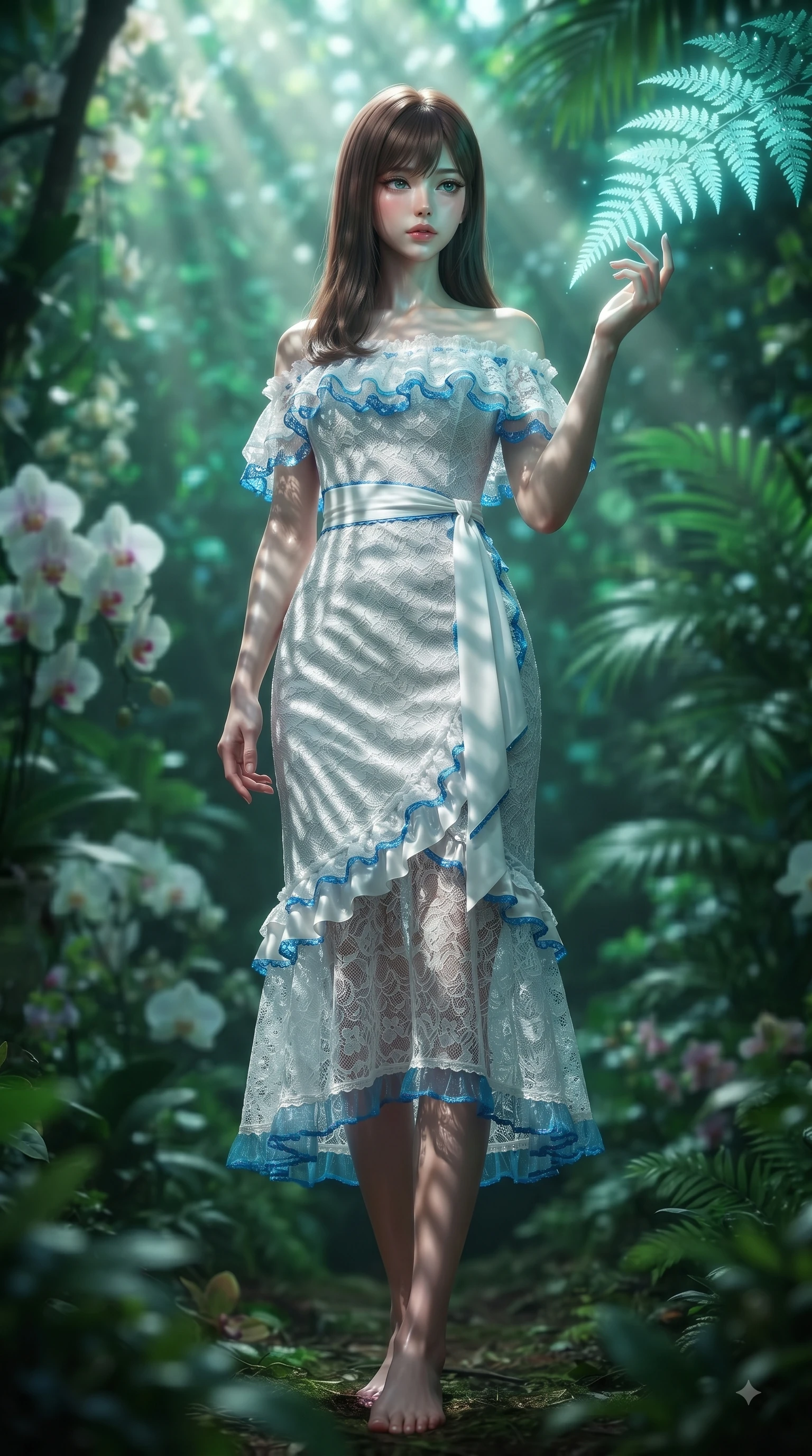 score_9, masterpiece, best quality, ultra-detailed, high-budget anime keyframe, editorial fashion photography, tasteful artistic composition, Korean woman. low angle full-body shot from head to toe showing her feet, filling the entire 9:16 vertical frame with her statuesque presence, stretching her vertical silhouette. Heart-tugging melancholic glance with a subtle drop of emotion in her eyes and a quiet wistful posture while reaching out elegantly to touch a bioluminescent fern leaf under streaming sunbeams. The composition keeps background elements in soft focus with dreamy bokeh. exotic orchids and tropical palm leaves blurred into a dreamy emerald and jade background bokeh. She has an absolutely perfect, statuesque 8.5-heads proportion, an exceptionally tall and slender model-like female figure with impossibly long slender legs and an ultra-slim waist. sharp v-shaped jawline, high-bridge nose, intricate jewel-like eyes with depth, thick eyelashes, glossy lips with a natural sheen, flawlessly proportioned anatomical accuracy, natural body alignment, perfectly sculpted elegant limbs, clean dynamic posture without body distortion. wearing a chic white lace off-shoulder midi dress decorated with delicate ruffle trims in electric azure blue and cloud white, made of fine lace weave and soft satin jersey, accented with a delicate side waist sash creating fluid lines, the tailored fit highlighting her statuesque and model-like silhouette. illuminated by fresh botanical ambient glow with organic leaf stencil shadows. ultra-reflective glossy finish, specular highlights, metallic sheen, high-contrast stereoscopic depth, volumetric dynamic lighting, 2k, ultra detail, master piece, 9:16 ratio