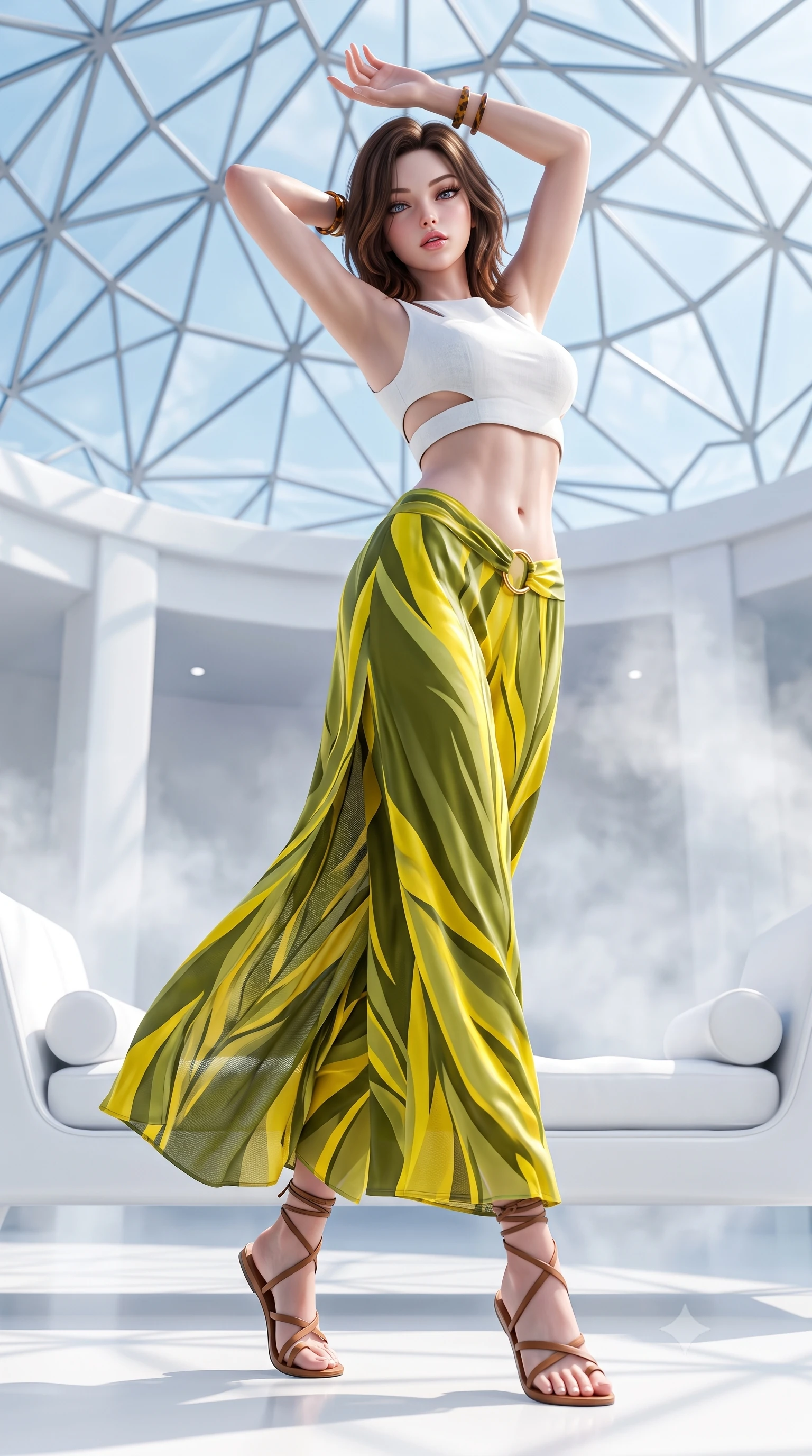 score_9, masterpiece, best quality, ultra-detailed, high-budget anime keyframe, semi-realistic 3D game render, editorial fashion photography, tasteful artistic composition, Korean woman. low angle full-body shot from head to toe showing her feet, filling the entire 9:16 vertical frame with her statuesque presence, stretching her vertical silhouette. pivoting dynamically with supreme athletic balance, her impossibly long slender legs and ultra-slim waist creating a mesmerizing vertical line while stretching her slender body on a floating white porcelain daybed beneath a geometric glass dome, arching her back with arms raised. The composition keeps background elements in soft focus with creamy bokeh. sleek white architecture and ambient vapor mist softened in bright dreamy shallow focus. She has an absolutely perfect, statuesque 8.5-heads proportion, an exceptionally tall and slender model-like female figure with impossibly long slender legs, a toned flat midriff, and an ultra-slim waist. sharp v-shaped jawline, high-bridge nose, intricate jewel-like eyes with depth, thick eyelashes, glossy parted lips with a natural sheen, intensely captivating and seductive expression, flawlessly proportioned anatomical accuracy, strict slender model proportions, natural body alignment, perfectly sculpted long slender limbs, ultra-slim waistline, clean dynamic posture without body distortion. wearing an architectural white linen crop top paired with low-slung flowing silk palazzo pants and a gold ring belt in olive leaf green and bright solar yellow, tailored from lightweight performance eco-mesh with breathable cutouts, accessorized with minimalist leather wrap sandals and tortoise shell bangles, the breezy yet form-flattering drape swaying gracefully with her steps, accentuating her long willowy limbs and ultra-slim waistline. surrounded by an optimistic, radiant, and breathlessly beautiful eco-utopian goddess aura. highly saturated vibrant anime colors, detailed shading with soft gradients, rich glossy textures, high-contrast stereoscopic depth, volumetric dynamic lighting, master piece, 9:16 ratio