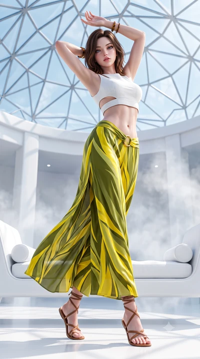 score_9, masterpiece, best quality, ultra-detailed, high-budget anime keyframe, semi-realistic 3D game render, editorial fashion photography, tasteful artistic composition, Korean woman. low angle full-body shot from head to toe showing her feet, fil
