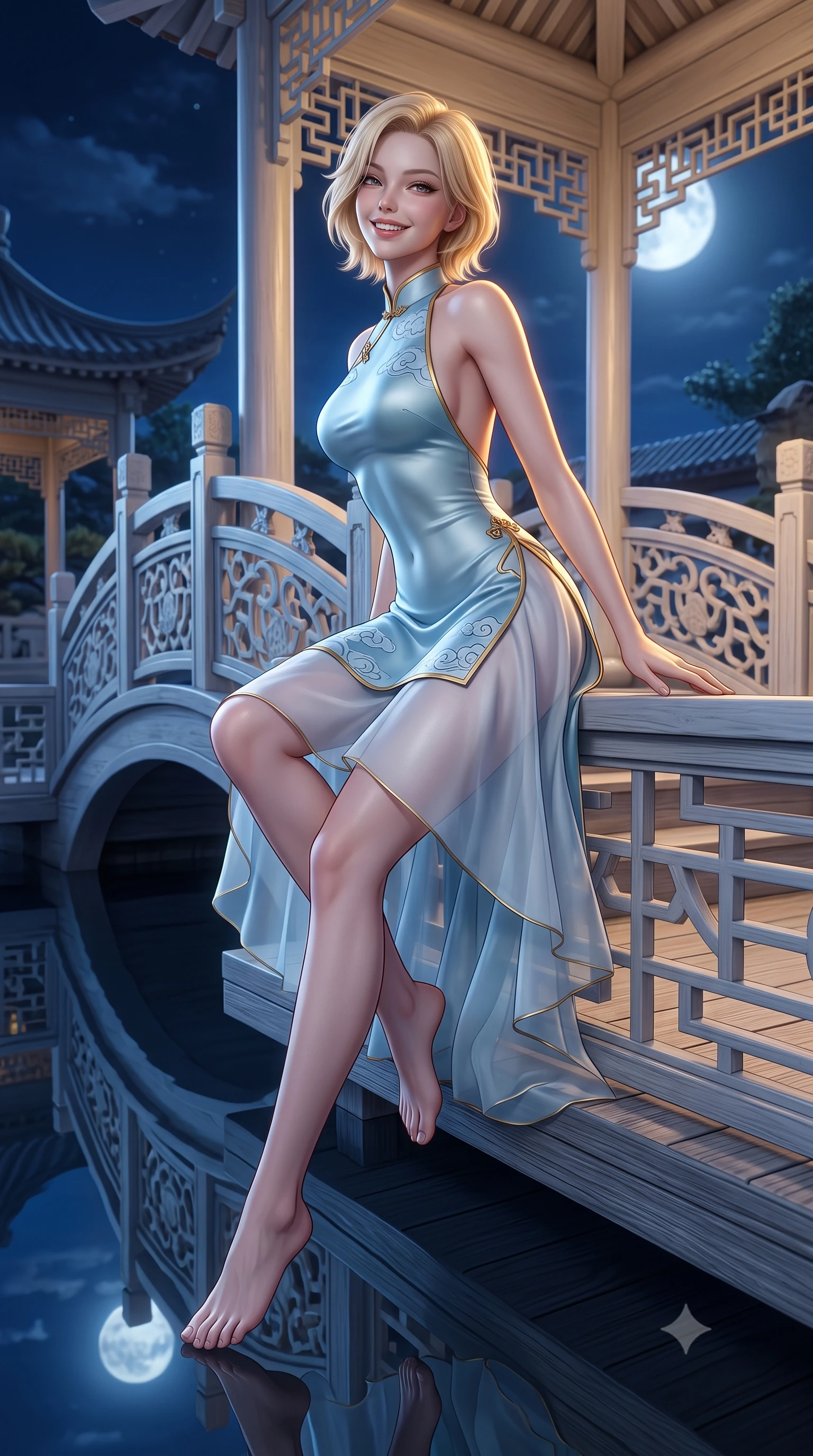 score_9, masterpiece, best quality, ultra-detailed, high-budget anime keyframe, semi-realistic 3D game render, editorial fashion photography, tasteful artistic composition, Caucasian woman. low angle full-body shot from head to toe showing her feet, filling the entire 9:16 vertical frame with her statuesque presence, stretching her vertical silhouette. sitting perched on the elevated pavilion terrace edge with legs crossed and hips angled toward the camera, displaying her toned midriff and long slender limbs with joyful, coquettish charm while leaning against the carved white wooden bridge railing with hips cocked back, looking over her shoulder with an alluring, moonlit smile. The surrounding environment is rendered in vivid detail and crisp panoramic clarity: sharp wooden bridge plank grain, carved pavilion balustrade lattices, and calm pond reflection clarity in deep focus. She has an absolutely perfect, statuesque 8.5-heads proportion, an exceptionally tall and slender model-like female figure with impossibly long slender legs, an ultra-slim waist, a flat toned midriff, narrow delicate ribcage, and beautifully sculpted feminine hips creating a graceful, slim hourglass silhouette without any bulky heaviness. sharp v-shaped jawline, high-bridge nose, intricate jewel-like dark sparkling almond eyes with depth, thick lashes, glossy parted lips with a natural rose-plum sheen, bright alluring and coquettish smile with bedroom-eyes, exuding both timeless oriental elegance and sovereign high-fashion allure, flawlessly proportioned anatomical accuracy, strict slender model proportions, natural body alignment, perfectly sculpted long slender limbs, ultra-slim waistline, clean dynamic posture without body distortion. wearing a backless lace-up silk sundress with traditional cloud embroidery and an ultra-fitted hip-hugging silhouette in pure celadon porcelain blue and cloud white, tailored from sheer gossamer silk organza with an airy weightless flutter, finished with sharp laser-cut side hip slits framed by gold piping, the form-contouring cut accentuating her sculpted flat midriff, narrow delicate ribcage, and gracefully curvy hips with regal oriental supermodel elegance. illuminated by full moon celestial rays and sharp warm-gold rim lights defining her sculpted collarbones, ultra-slim waist, and curvy hips. highly saturated vibrant anime colors, detailed shading with soft gradients, rich glossy textures, high-contrast stereoscopic depth, volumetric dynamic lighting, master piece, 9:16 ratio