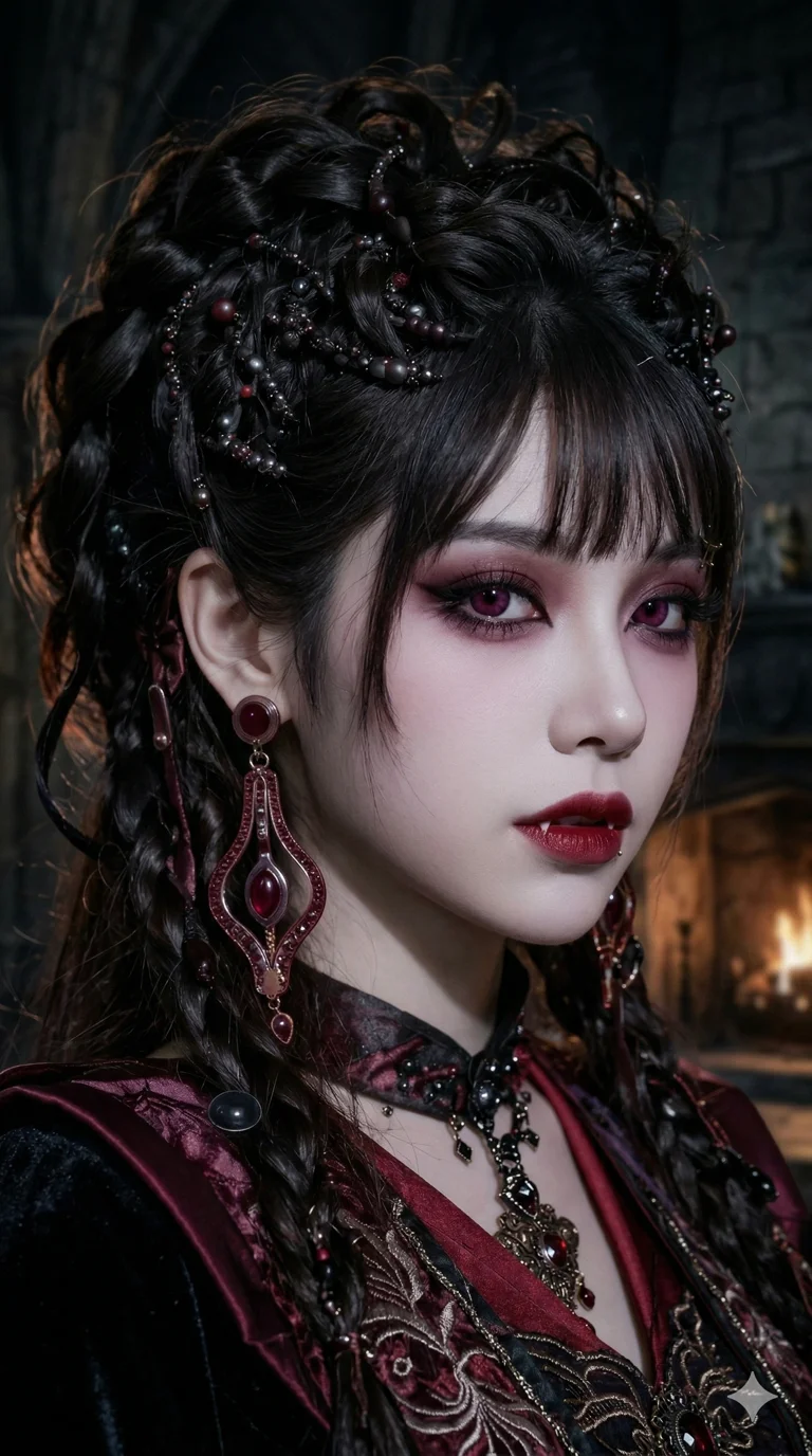 이 호러 컨셉을 다크 판타지 영화 속 치명적인 미모의 뱀파이어 실사 스타일로 변환해줘. 무섭기보다 매혹적이고 아름다운 느낌이 강하도록, 2k, ultra detail, master piece, 9:16 ratio